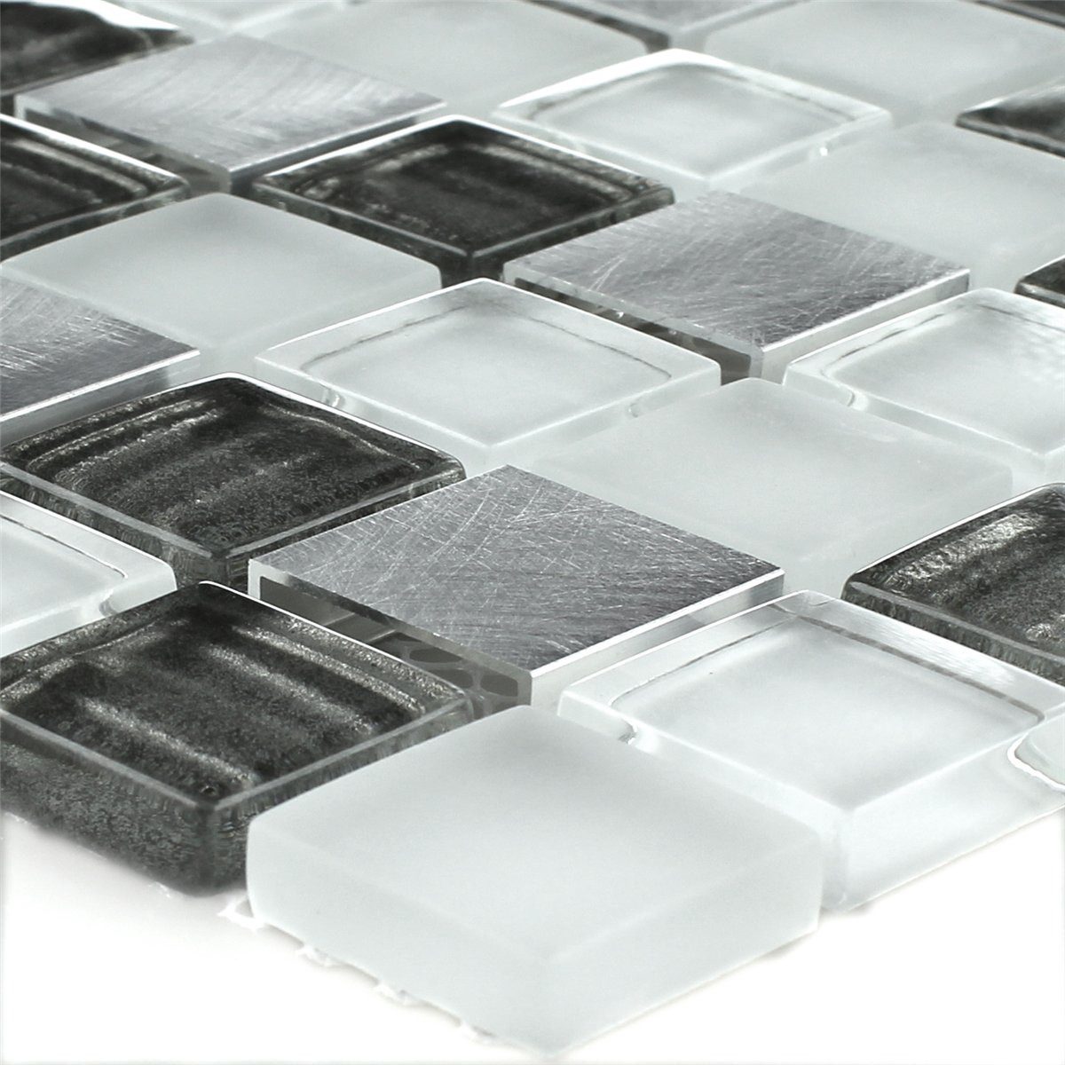 Mosafil Mosaikfliesen Mosaikfliesen Glas Aluminium Silber Grau, Glas-Metall-Aluminium 30.500x30.500, weiß-grau-silber
