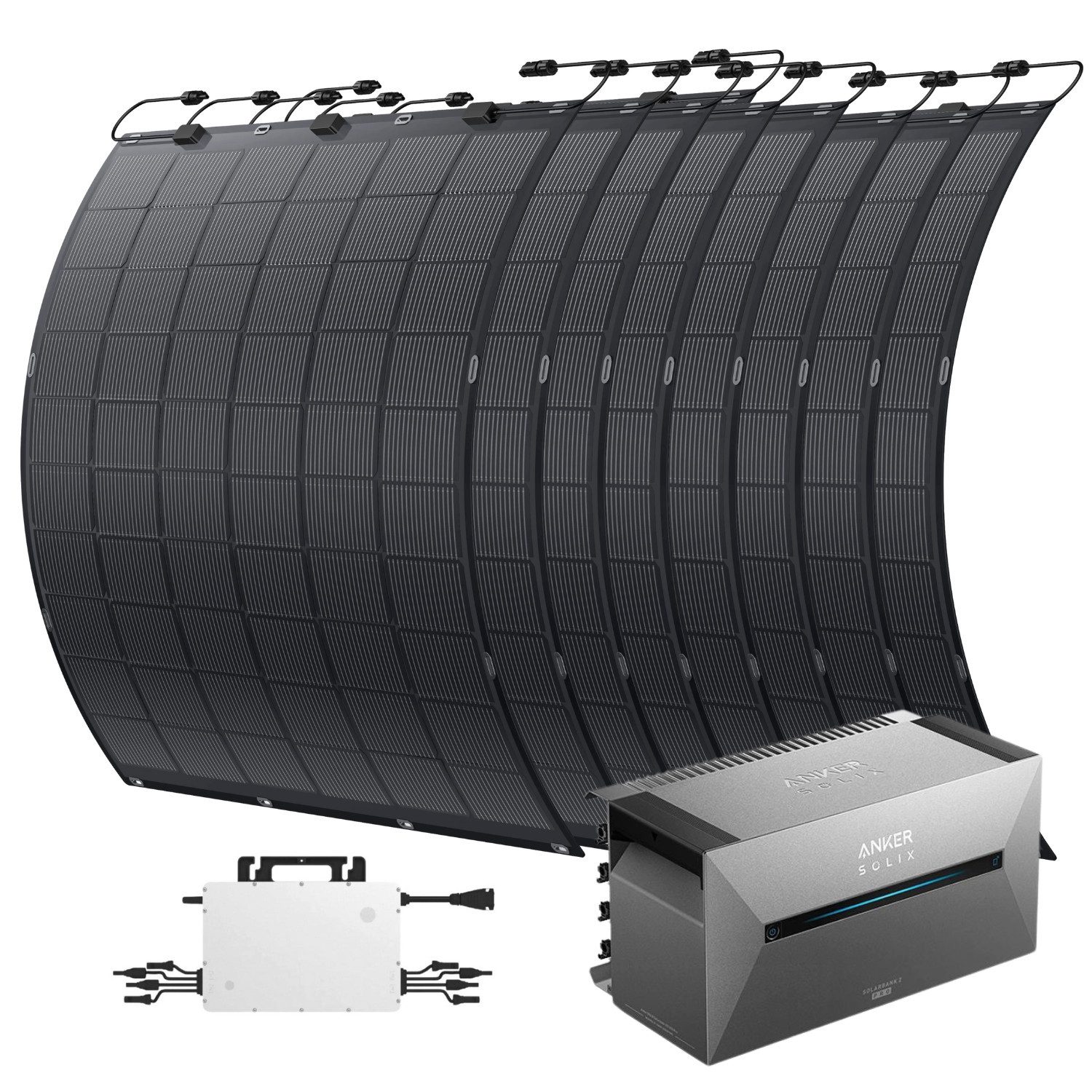 Kleines Kraftwerk Balkonkraftwerk, 1800 W, Monokristallin, (8-St), mit Speicher Anker Solarbank 2 Pro, 8x225W flexible Solarmodule