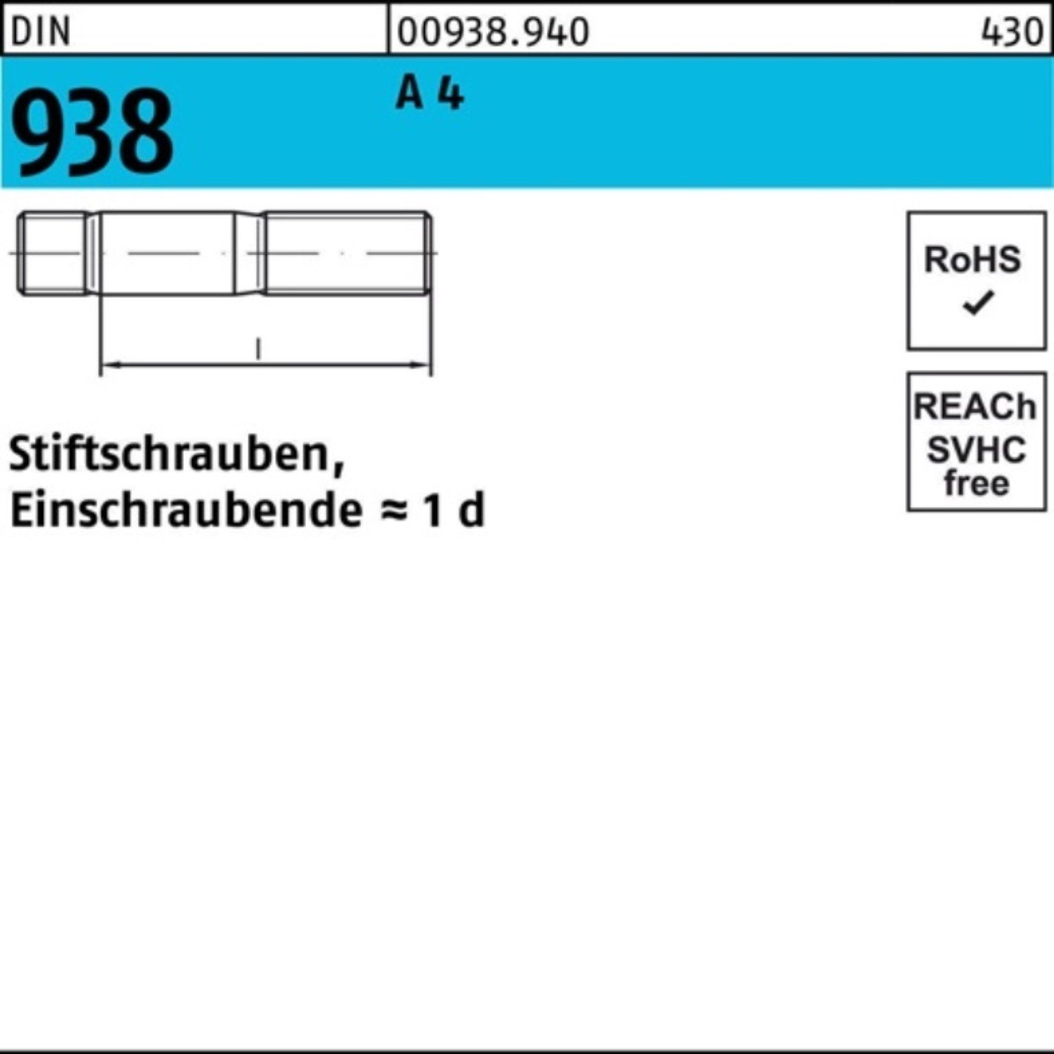 Reyher Stiftschraube 100er Pack 009389400160065 Stiftschraube DIN 938 M 16 x 65 A 4