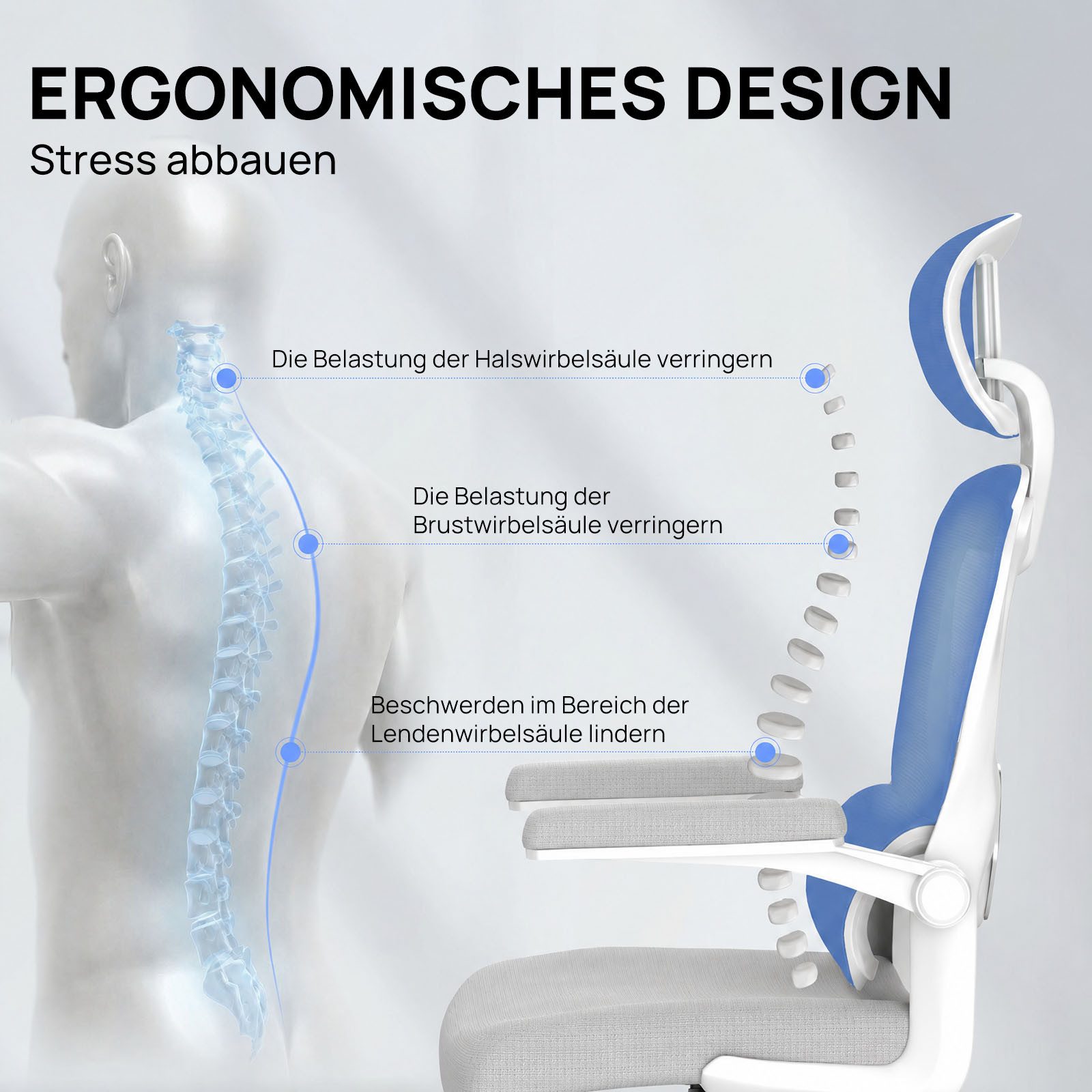 Gywowken Bürostuhl Ergonomischer Schreibtischstuhl mit Verstellbarer Kopfstütze, Armlehne Elastische Lendenwirbelstütze Höhenverstellbar