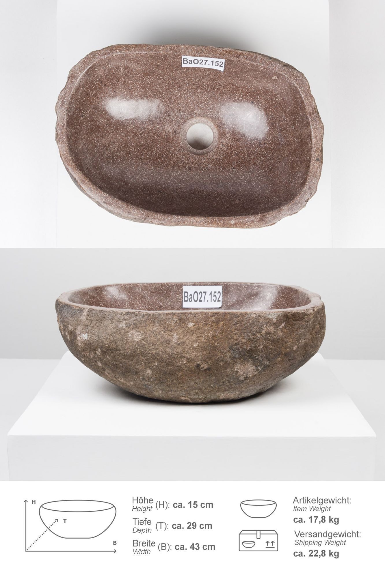 wohnfreuden Aufsatzwaschbecken Naturstein Раковины 40 cm oval (Kein Set), 101726_BaO27.152