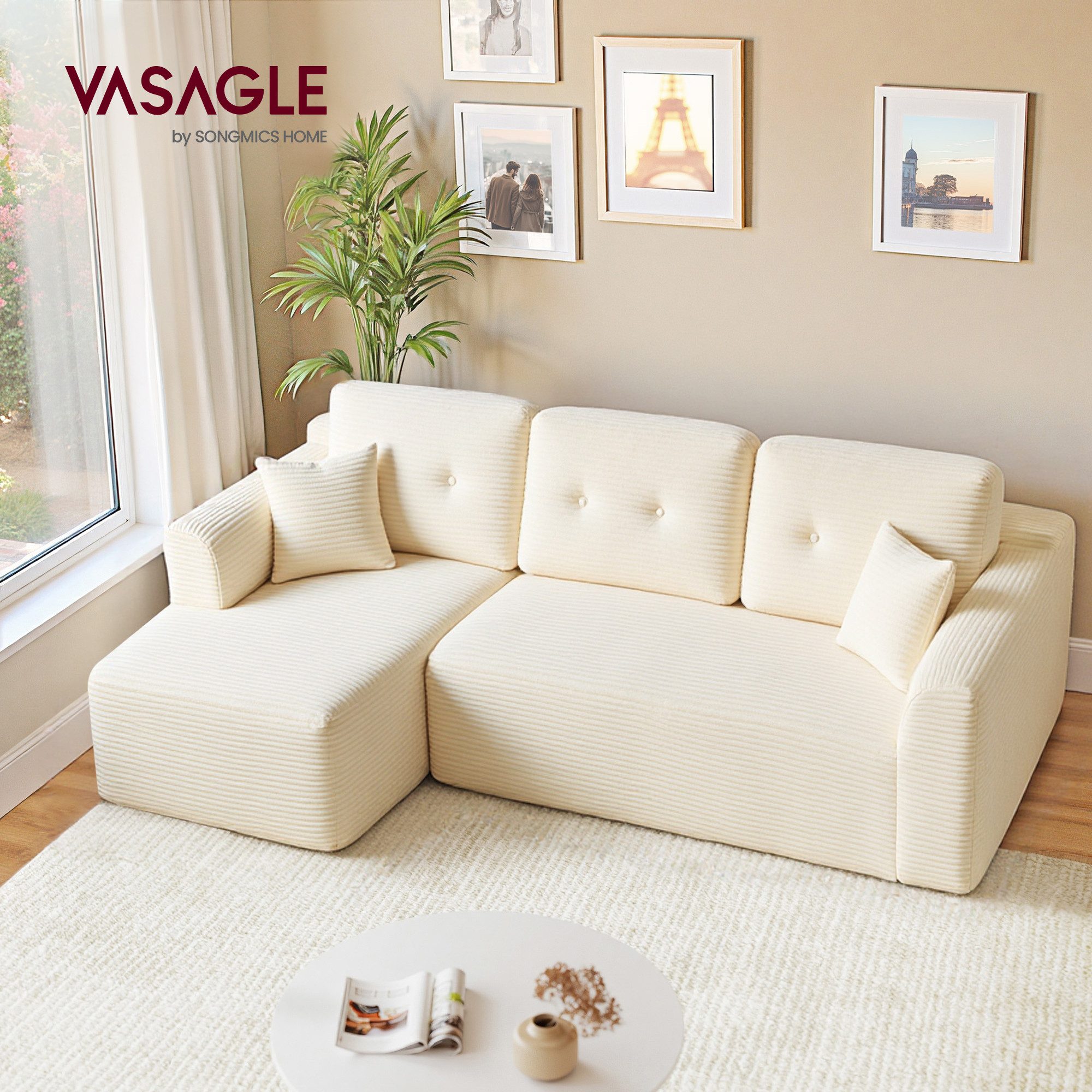 VASAGLE Ecksofa modulares Sofa 244 cm breit vakuumverpackt, Schlafsofa, keine Montage erforderlich, mit großer Chaiselongue
