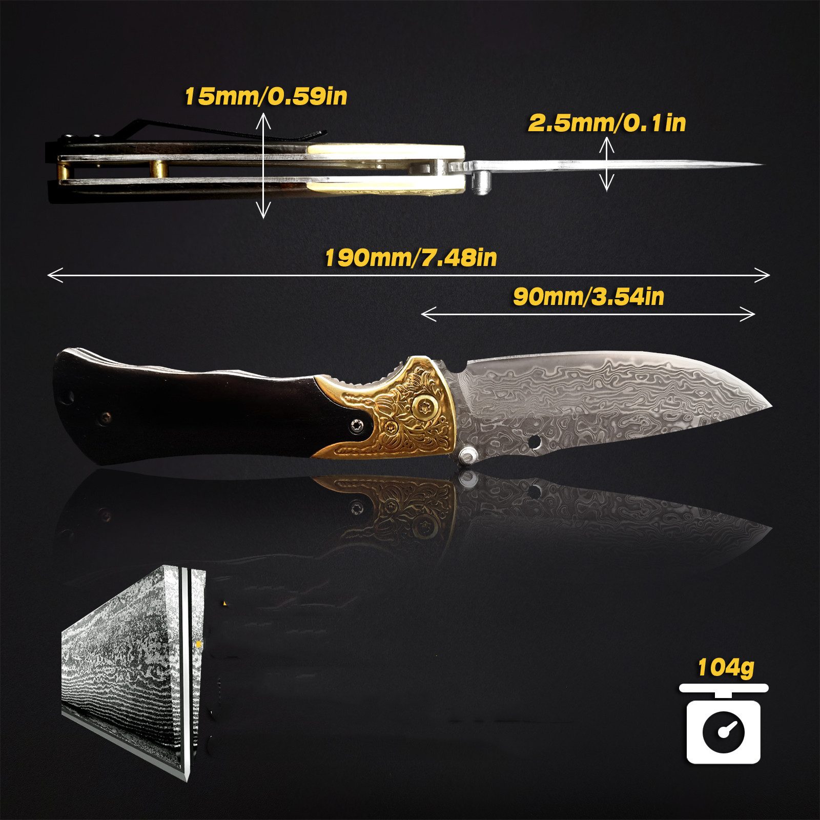 KingLux Damastmesser Taschenmesser Klappmesser 77Lagen Damaststahl für Outdoor Survival – Bild 4 von 5