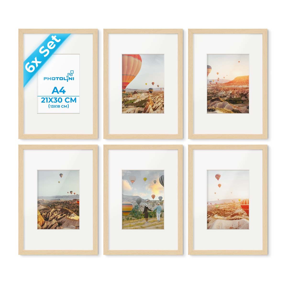PHOTOLINI Bilderrahmen 6er Set 21x30 cm / A4 Modern Schmal mit Passepartout, für 6 Bilder