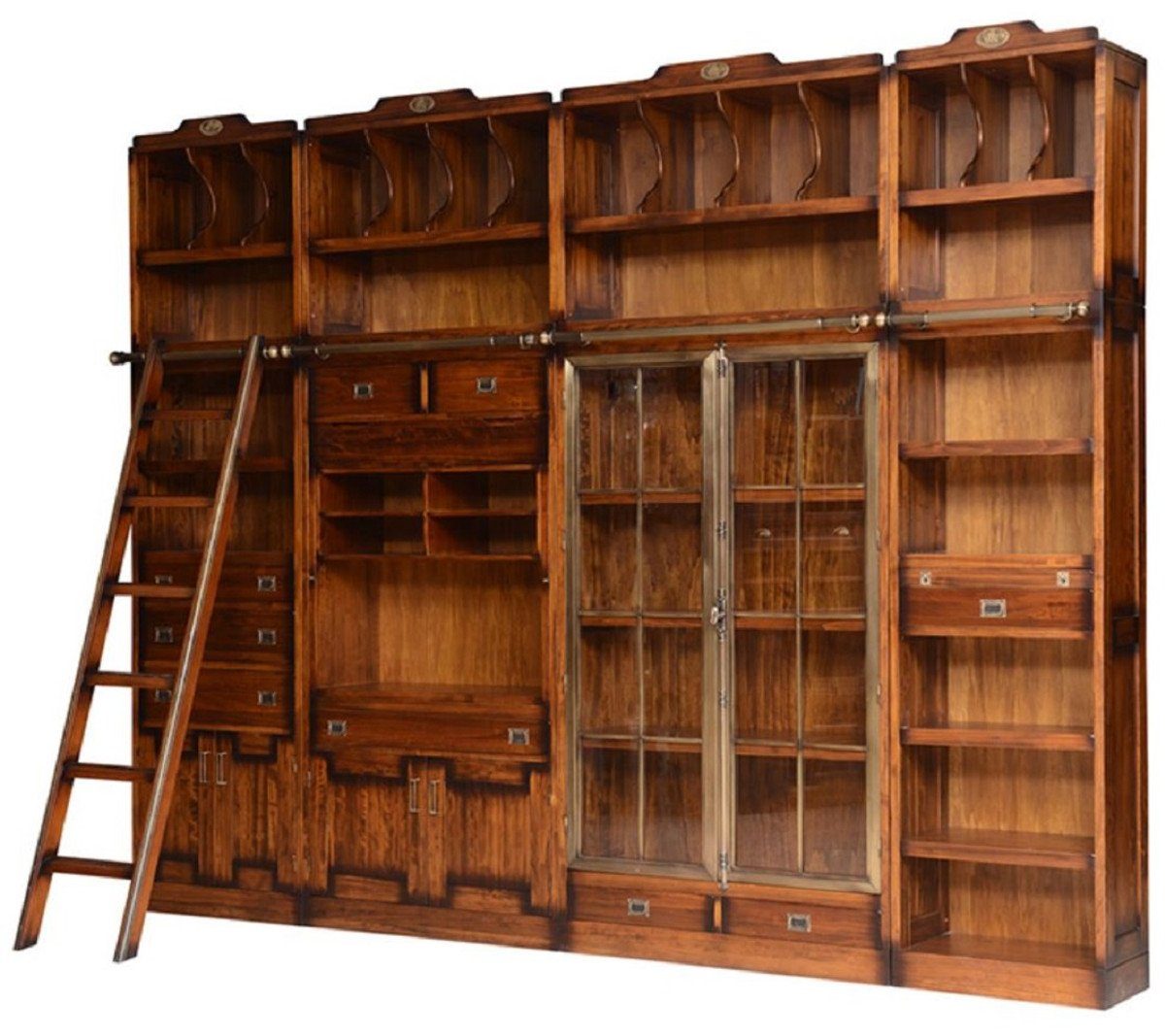 Casa Padrino Stauraumschrank Casa Padrino Luxus Vintage Stil Bücherschrank  mit Leiter Braun 331 x 34 x H. 256 cm - Massivholz Schrank - Regalschrank -  Wohnzimmerschrank - Büroschrank - Luxus Massivholz Möbel - Büro Möbel