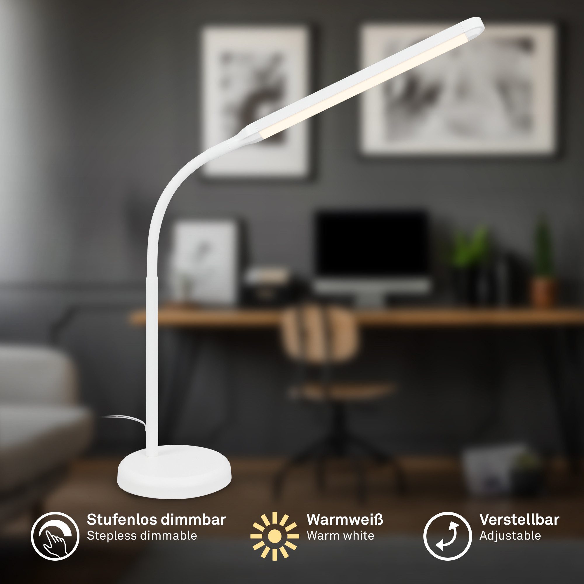 Briloner Leuchten Schreibtischlampe Tischleuchte USB-C weiß/schwarz Home Office dimmbar, LED fest integriert, 13x72,5 cm Schwarz/Weiß 6W Leselampe Büro Kinderzimmer