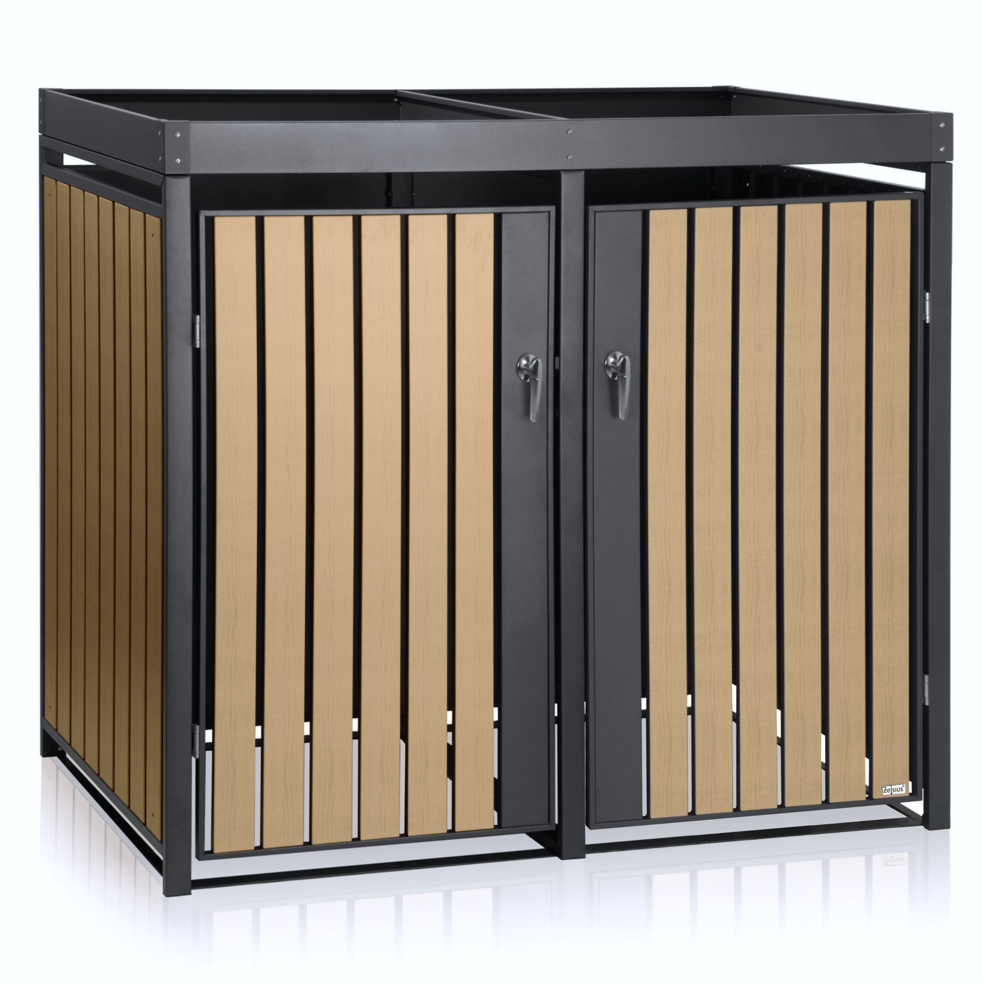 Zelsius Mülltonnenbox mit Pflanzdach, für 2 Mülltonnen, Anthrazit RAL 7016, Tür Holzoptik