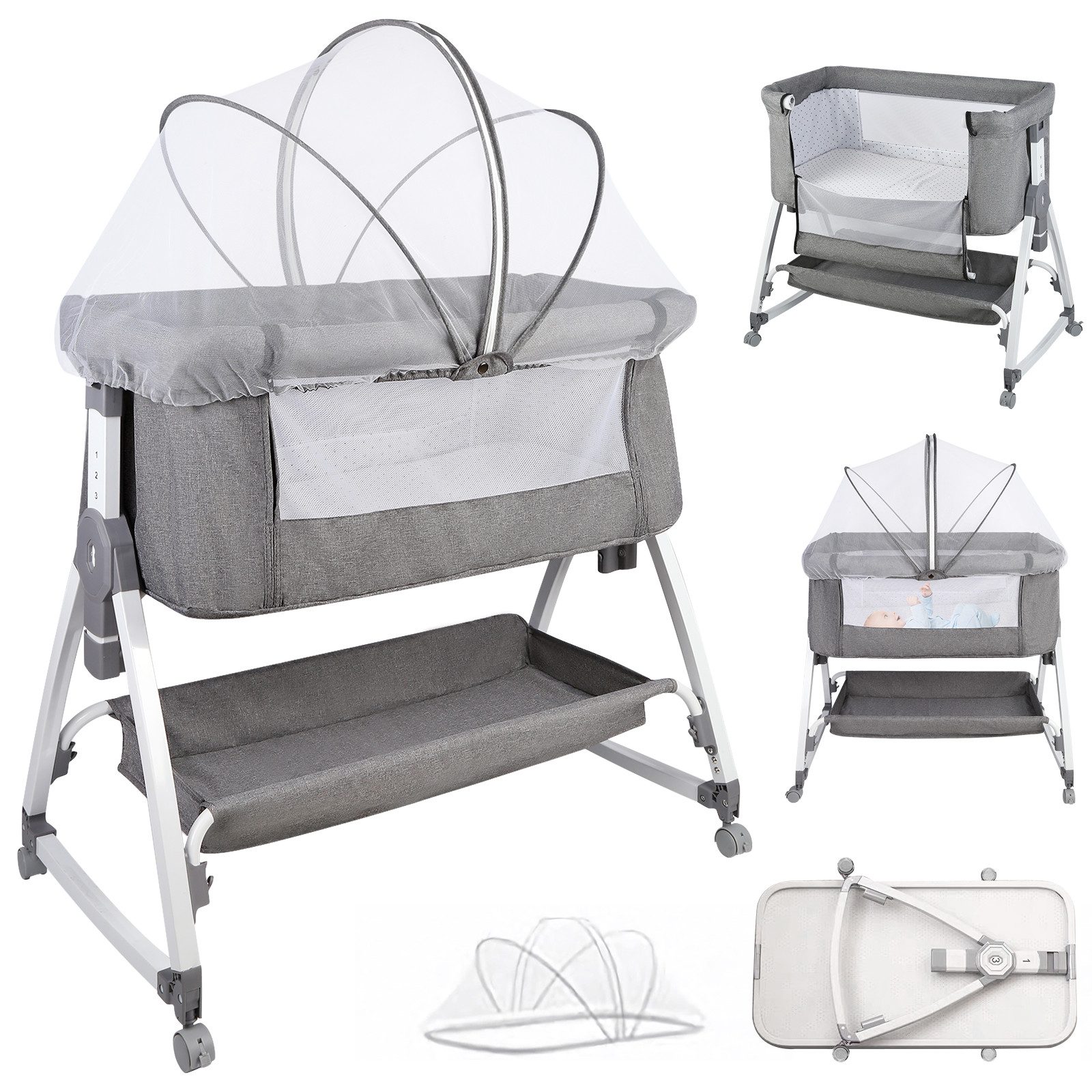 Beistellbett 3 in 1 Babybett, Schaukelmodus, mit atmungsaktivem Netz und Laken