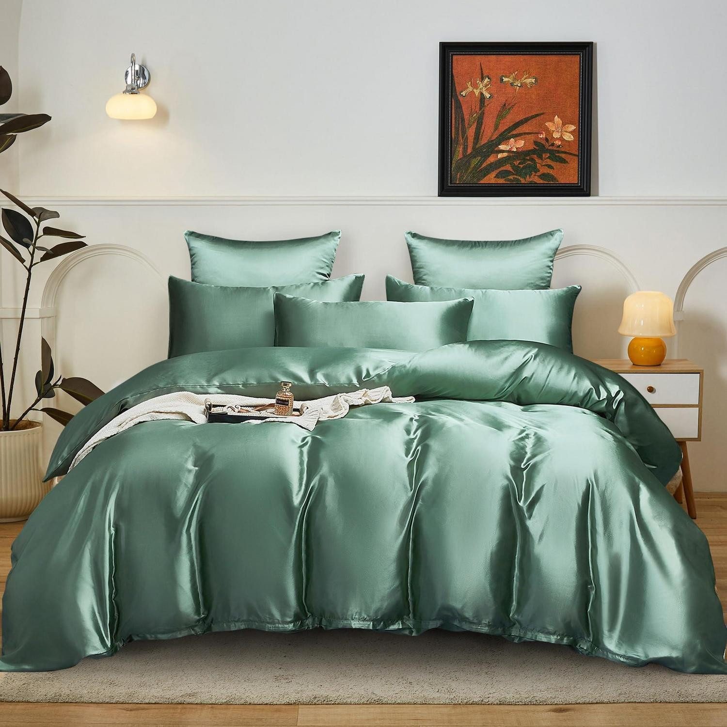 LuxusKollektion Bettwäsche Bettwäsche 200x200 Grün Satin Uni Deluxe, Satin