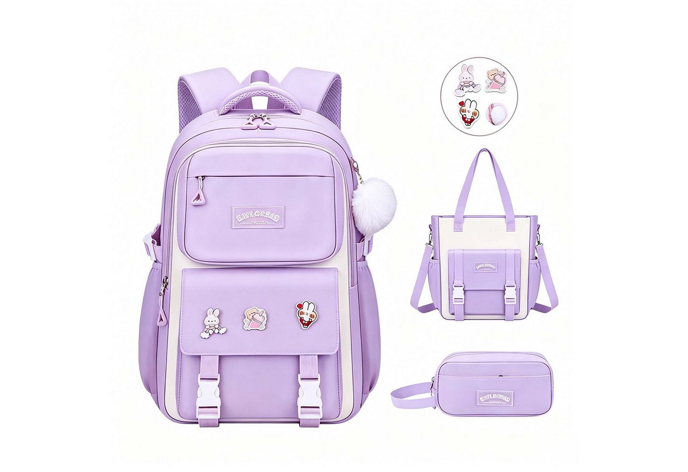 MOPUEA Schulrucksack Schulrucksack 3-teilig Set reflektierend große Kapazität ergonomisch (3-teiliges Set, löst Problem fehlender passender Zubehörteile, Rucksack, Tasche, Mäppchen für organisierten Alltag), Wasserabweisend, bequem, viel Stauraum, reflekt