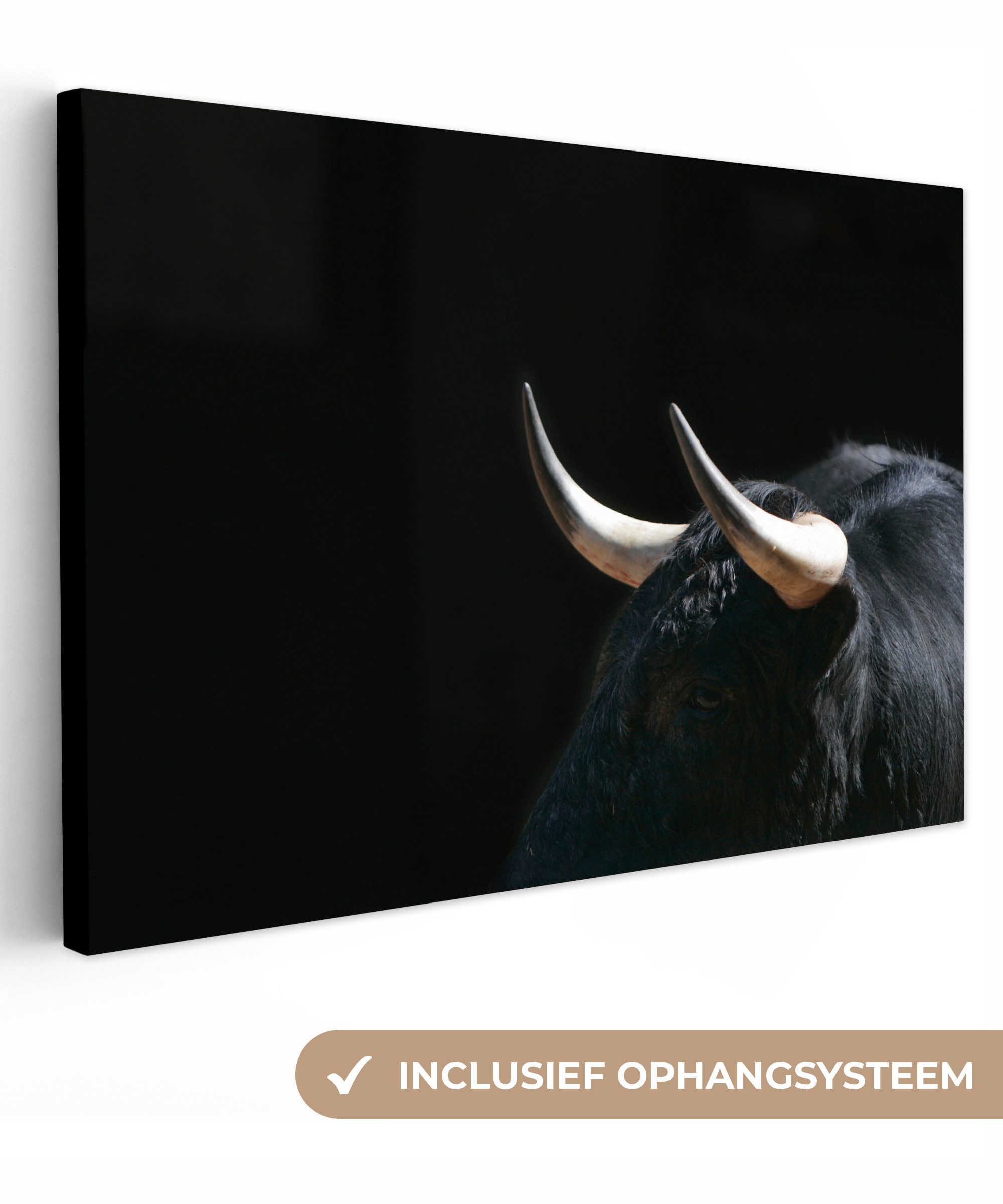 OneMillionCanvasses® Leinwandbild Ein Foto von einem schwarzen Stier vor einem schwarzen Hintergrund, Fotodruck (1 St), Leinwand Bilder groß für Wohnzimmer 140x90 cm