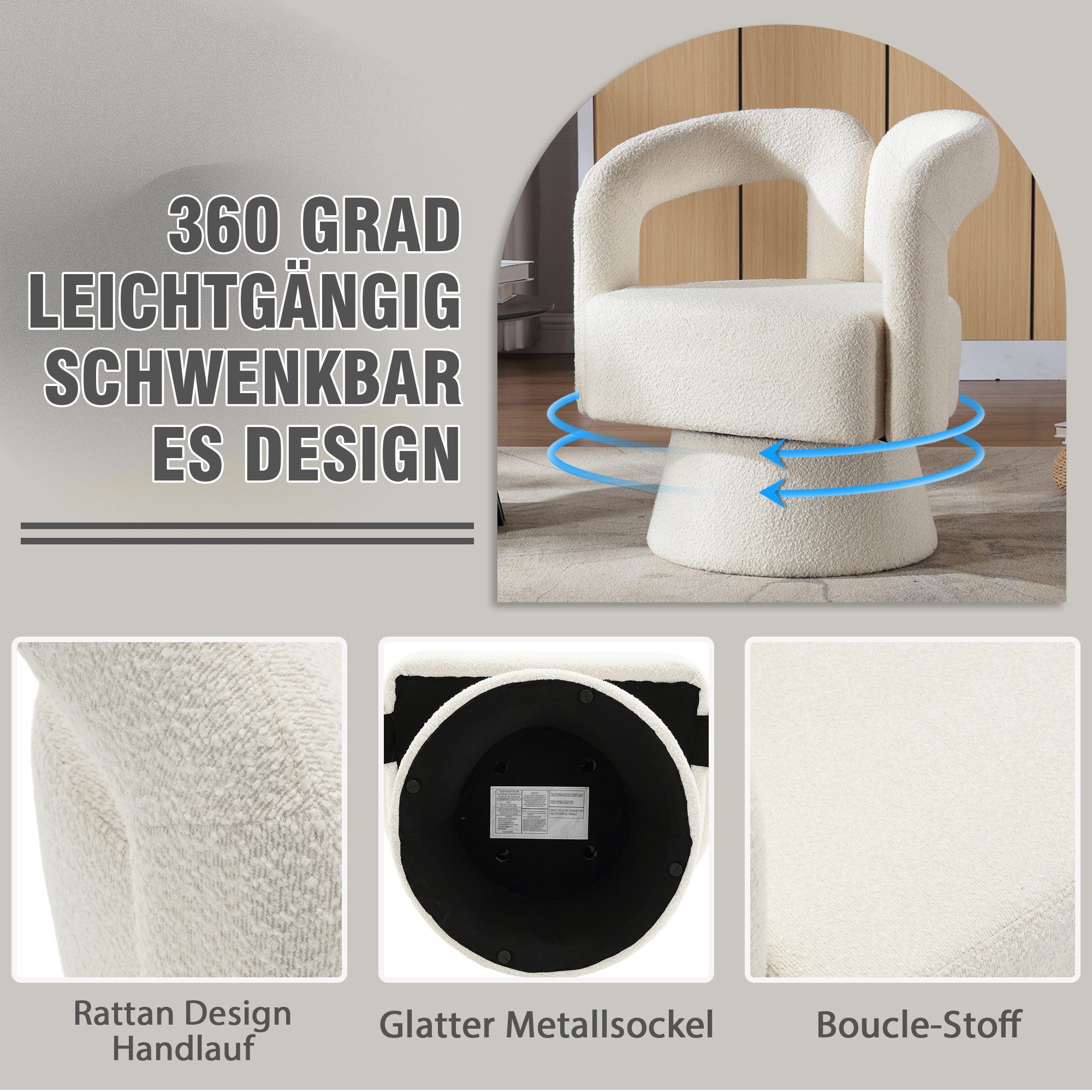LVHOM Drehsessel M-Form 360 Grad drehbare Cuddle Barrel-Akzentstühle (runde Sessel mit breiter Polsterung, flauschiger Stoffstuhl, 1-St), für Wohnzimmer, Schlaf – Bild 5 von 5