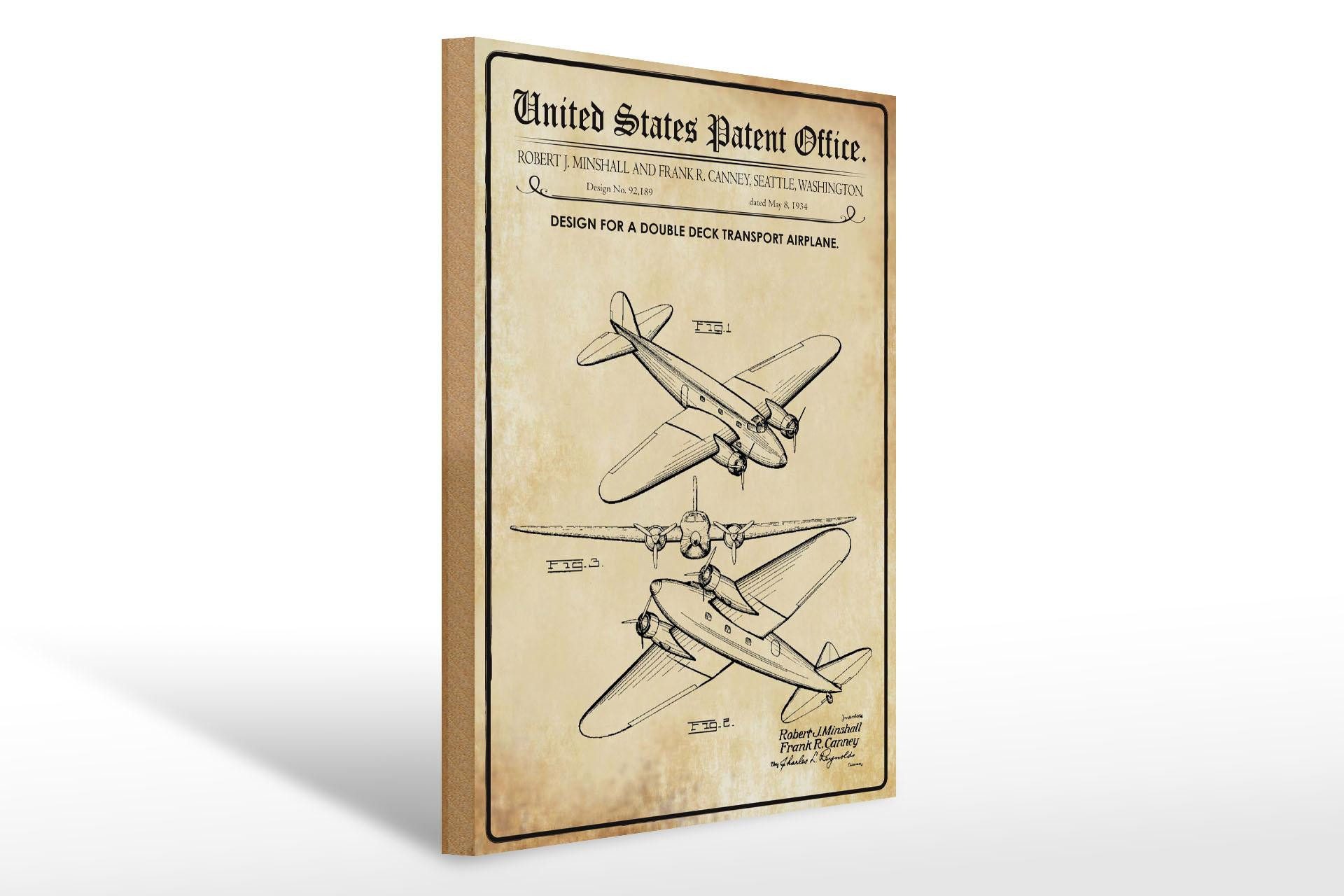 Femer GmbH Holzbild Patent 30x40 cm Entwurf für ein Doppeldecker-Propeller-Flugzeug Deko, (1 St), Glatte Holzfaserplatte (MDF), vorn beschichtet