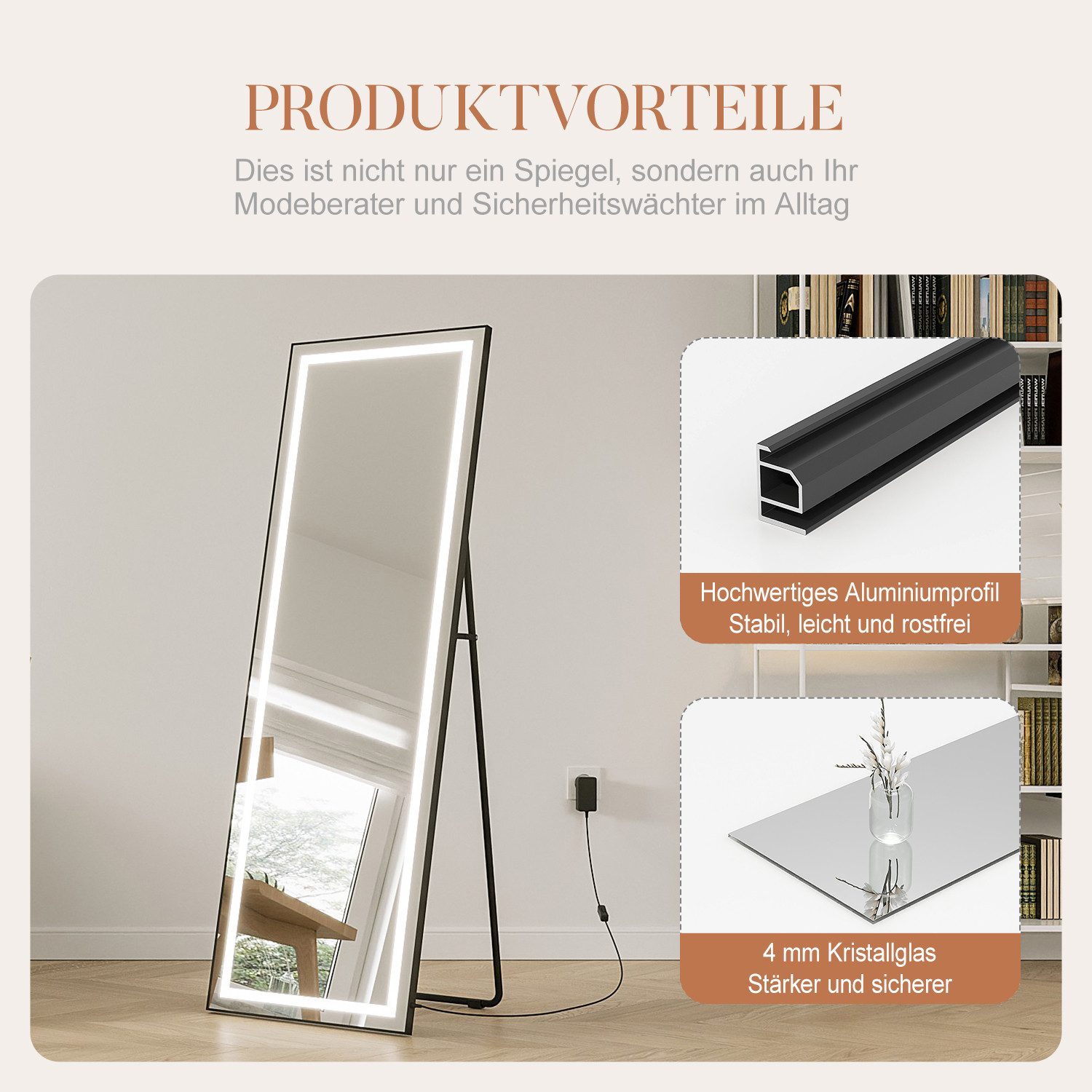 AQUABATOS Ganzkörperspiegel Led Wand schwarz mit Beleuchtung Rahmen großer Standspiegel (Wandspiegel Flurspiegel Modern Spiegel Flur Ganzkörper, Alurahmen, stehend oder wandmontiert), kaltes Licht, deutscher Netzstecker, Halterung aus Eisen