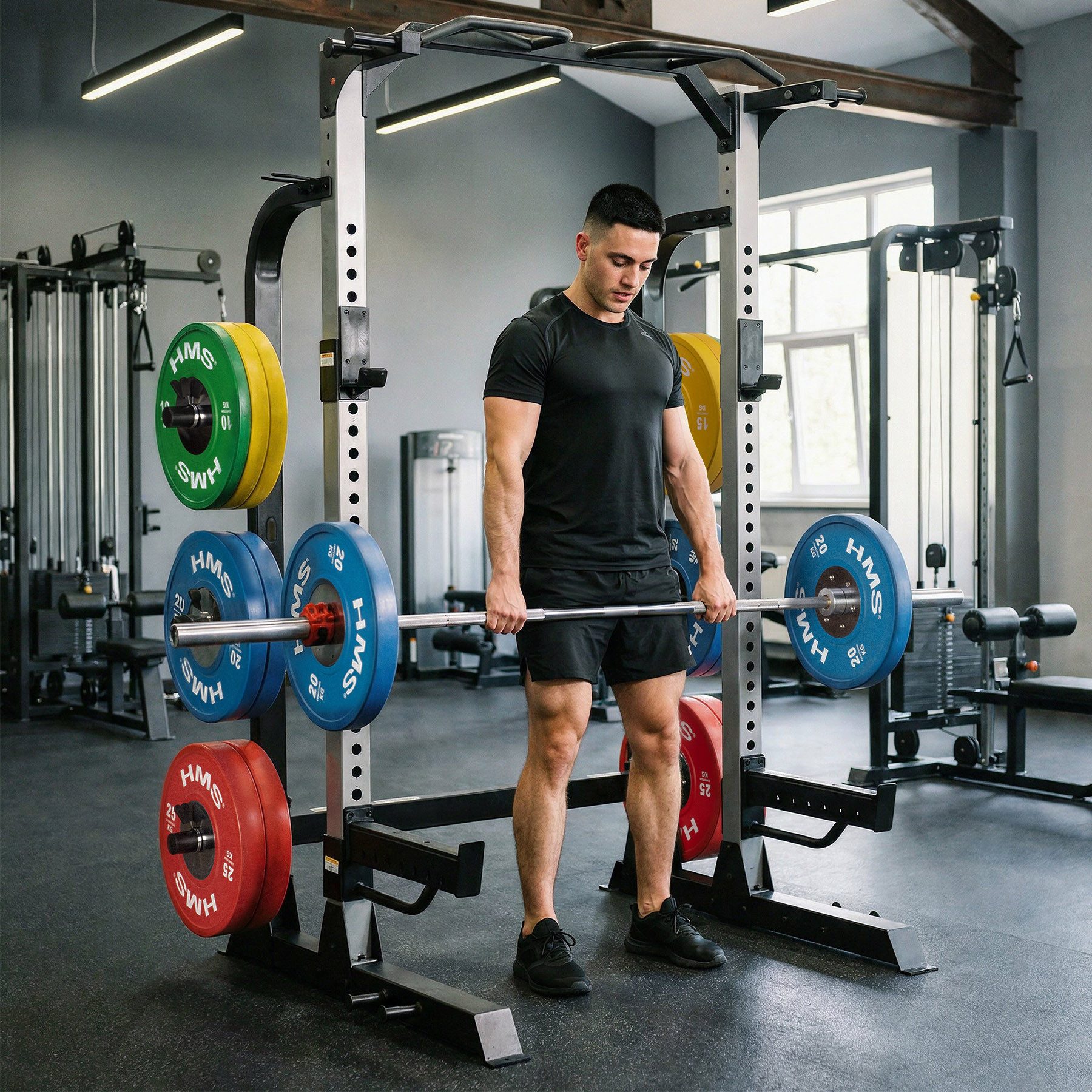 HMS Half Rack Kraftstation Trainingsrack, (Spar-Set, 1-tlg., 223 x 164 cm stabil), Stahlkonstruktion, J-Hooks, Klimmzugstange, Bandhalter