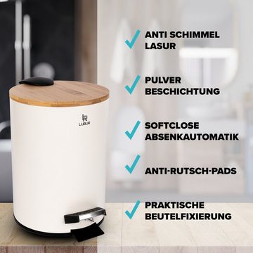 Lubur Kosmetikeimer, 3L - Badmülleimer mit Absenkautomatik - Mülleimer mit Bambusdeckel