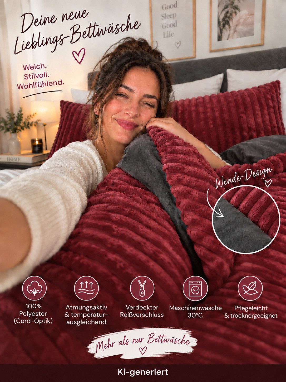 Leonado Vicenti Bettwäsche CORD Optik, Teddy Plüsch, Cashmere Touch, Fleece, 3 teilig, Winter, Wendeseite Anthrazit, flauschig, warm, Nicky-Plüsch – Bild 4 von 5