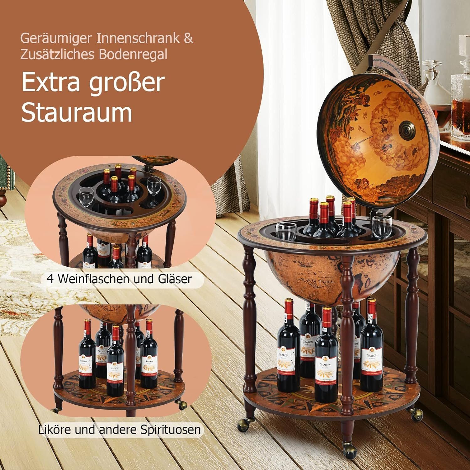 KOMFOTTEU Weinregal Globusbar, mit Rollen, Deckel & Bodenplatte günstig online kaufen