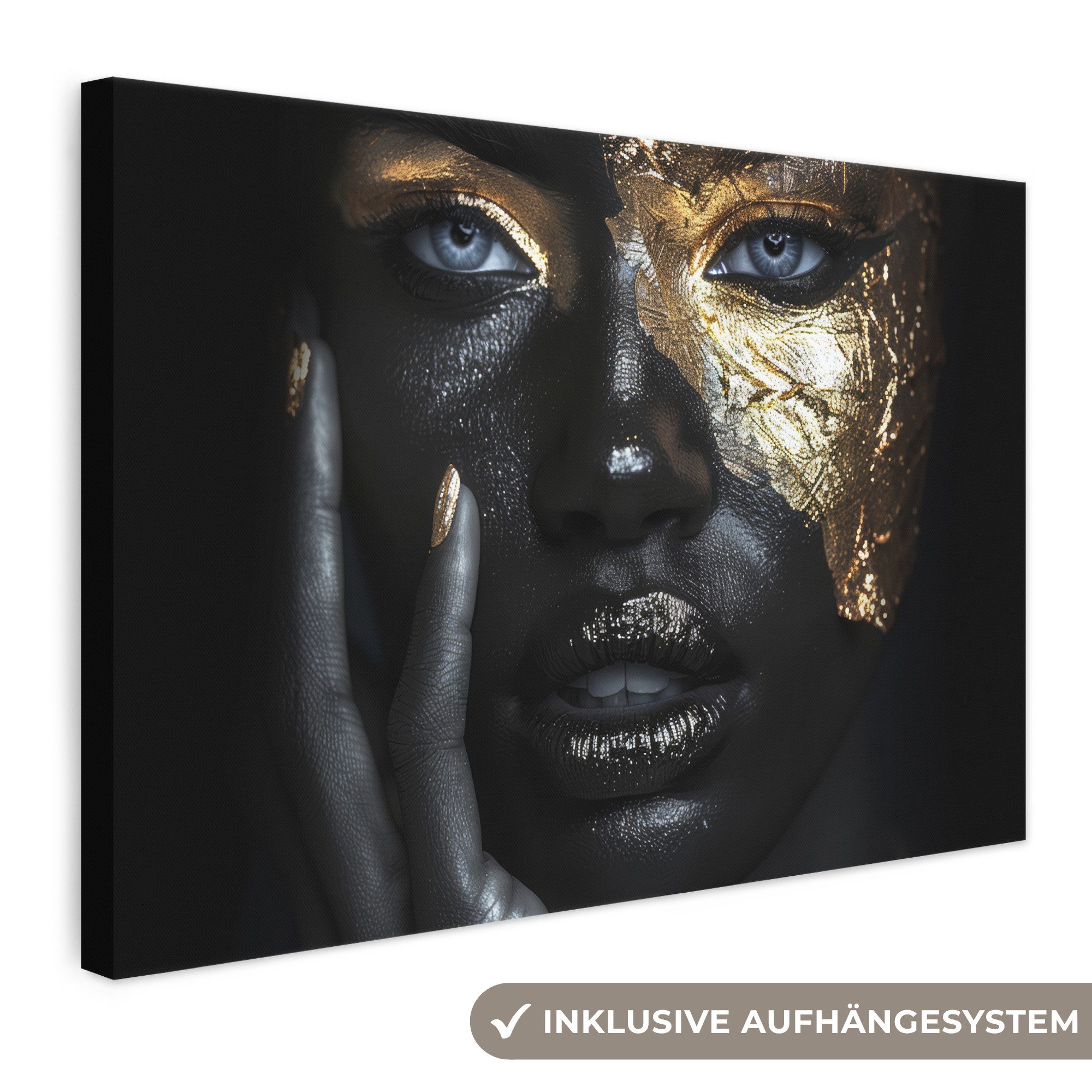 OneMillionCanvasses® Leinwandbild Frau - Gold - Porträt - Modern - Schwarz - Abstrakt, Fotodruck (1 St), Leinwand Bilder Klein, Wand Dekoration Aesthetic 30x20 cm