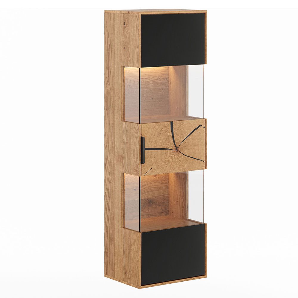 Feldmann-Wohnen Hängevitrine Tirano (1-türig, mit Einlegeböden, mit Glaseinsatz, 1-St., Massivholz, geölte Oberfläche) 43x33x142cm 1-türig Eiche Natur, Hirnholz, Schwarz