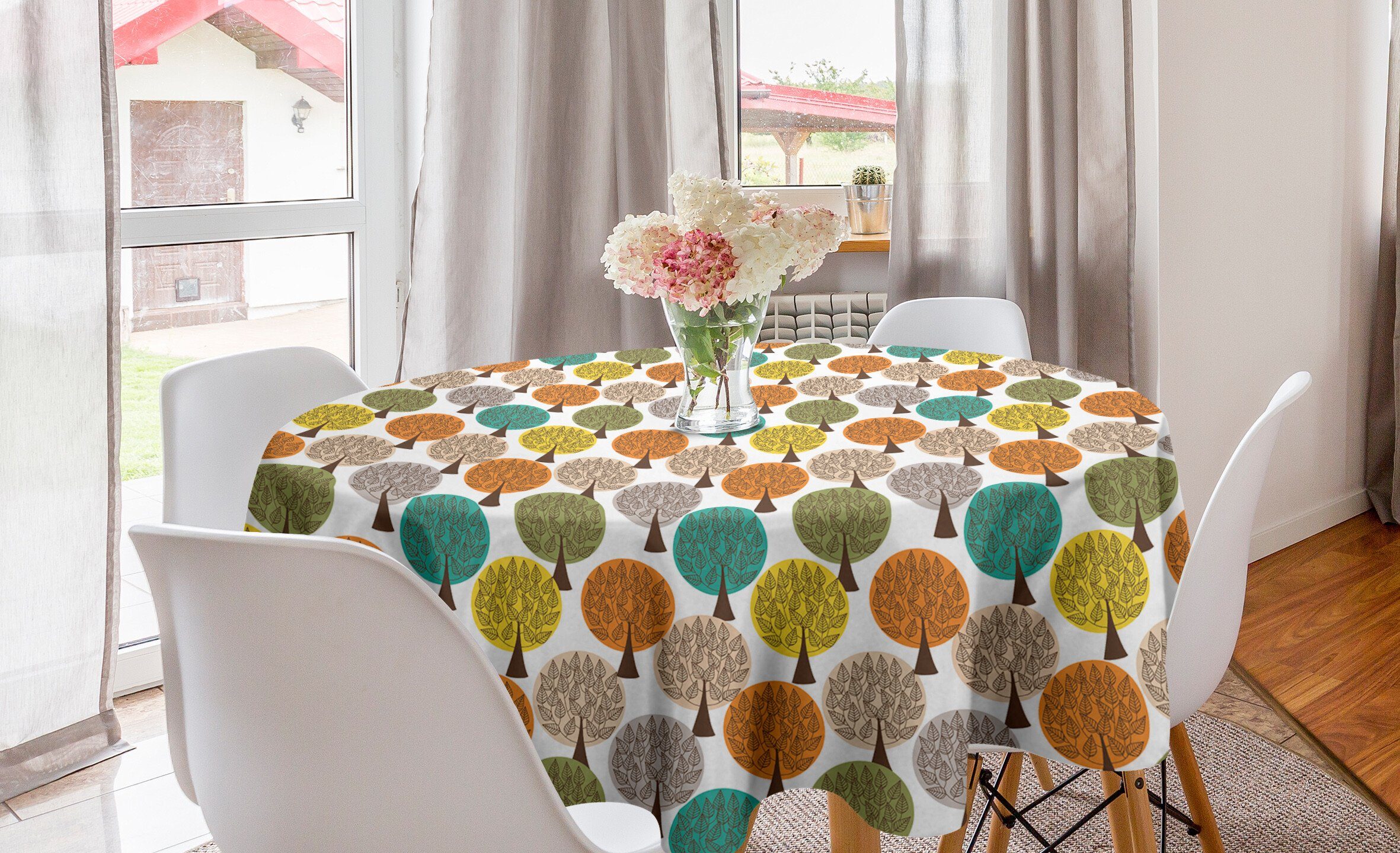 Abakuhaus Tischdecke Kreis Tischdecke Abdeckung für Esszimmer Küche Dekoration, Bäume Blätter und Waldflora Motiv
