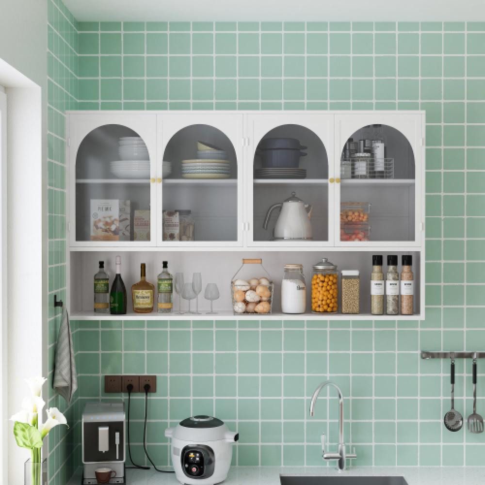 BBWL Hängeschrank Wandhängeschrank Glas Metall 120 cm mit vier Türen moderner Wandschrank für Küche, Wohnzimmer und Bad, platzsparend