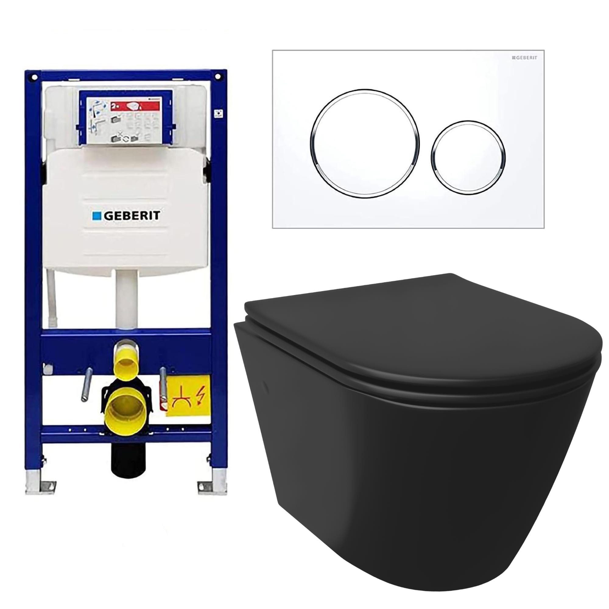 Alpenberger WC-Komplettset Spülrandloses WC – Toilette mit WC Deckel mit Absenkautomatik Schwarz, Wand Montage, (Klo mit Geberit Betätigungsplatte Vorwandelement Komplettset), WC Schwarz Matt mit Geberit Spülkasten