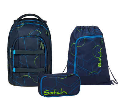 Satch Schulranzen Schulrucksack-Set PACK Blue Tech 3-teilig (3-teilig), Laptop-Fach, ergonomisch, höhenverstellbar