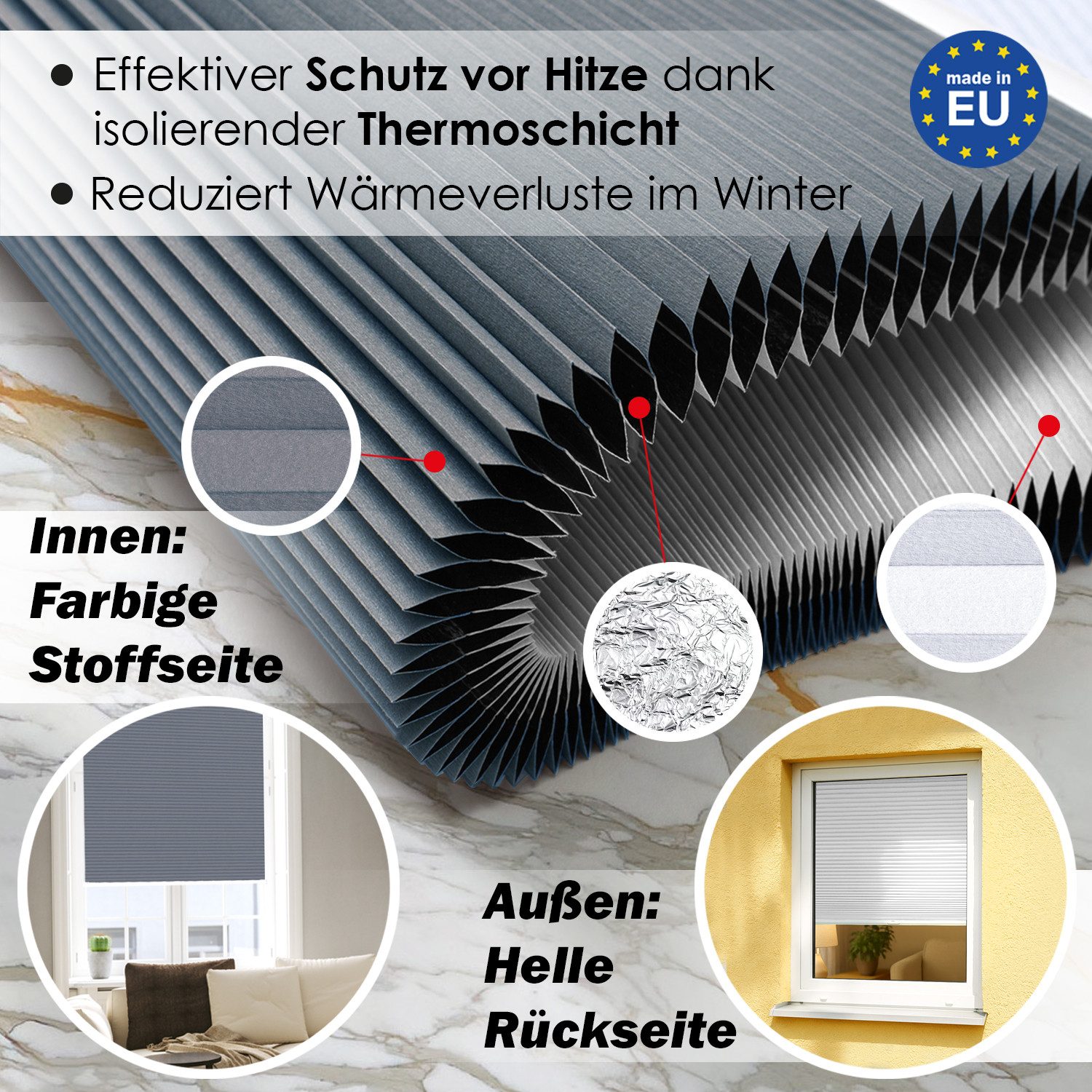 DomDeco Wabenplissee Thermo Plissee ohne Bohren - Hitzeschutz, Verdunkelung, verspannt, abdunkelnd, Klemmfix, stufenlos, kälteschutz, modernes Fensterplissee – Bild 3 von 5