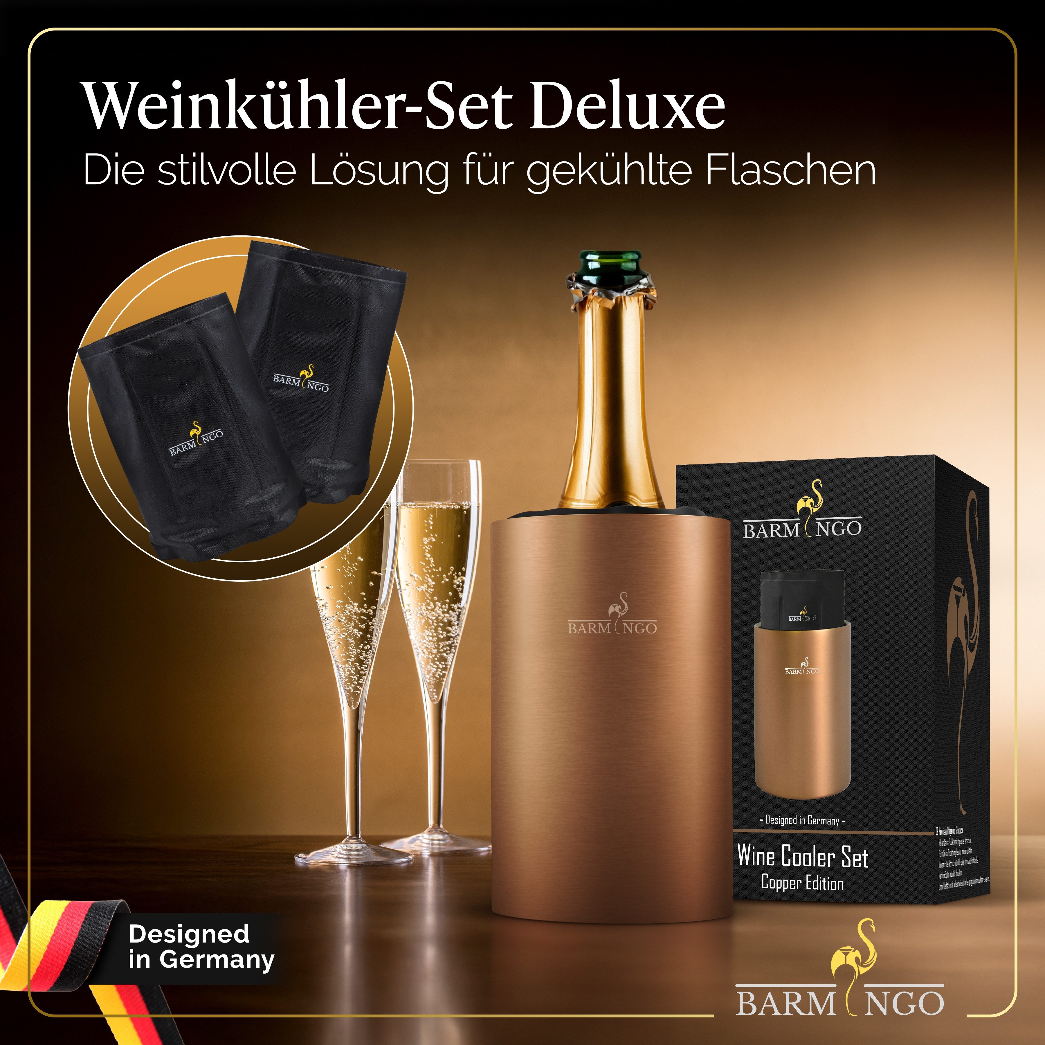 BARMINGO Wein- und Sektkühler Edelstahl mit 2 Kühlmanschetten, Weinflaschenkühler & Getränkekühler, doppelwandiger Flaschenkühler für Wein, Sekt & Champagner – Bild 2 von 5
