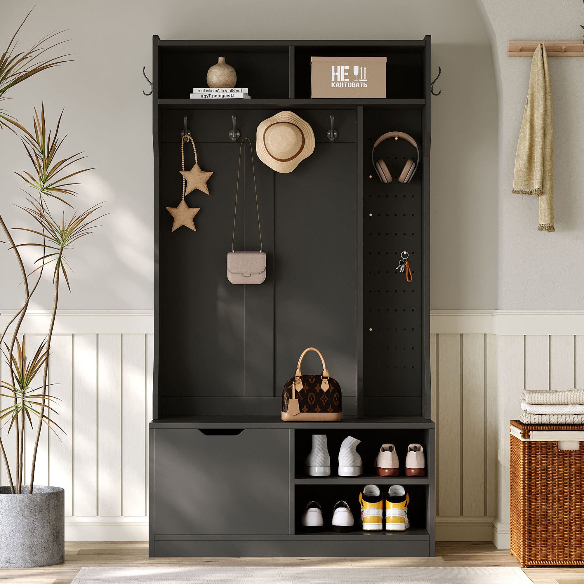 Ulife Garderoben-Set Komplett-Set Flurgarderobe mit Sitzbank, 100×185,5×40 cm (B×H×T), (1-St), mit 6 Haken, 1 Tür und 4 offenen Lagerräumen - Weiß