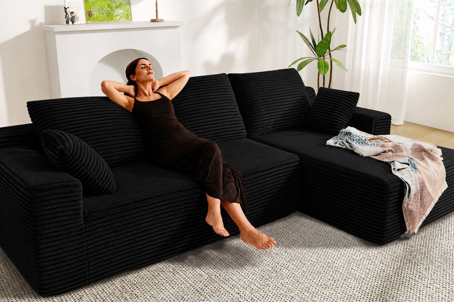 Patbrela Ecksofa Couch L-Form 263cm, Sofa Links Samtstoff Vierersofa mit Liegefläche, keine Montage erforderlich