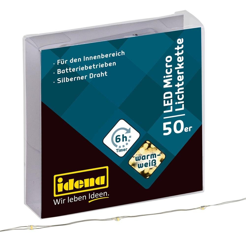 Idena LED-Lichterkette 50er, Micro-LED, warmweiß, 5,2 m, für innen, batteriebetrieben, mit Timer