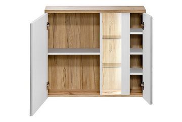 einfachgutemoebel Waschtisch-Set Badmöbel-Set Bahama 3-tlg 80cm, Spiegel, weiss-hochglanz-Wildeiche, (1-St., Unterschrank & Waschbecken mit Spiegelschrank, Hochschrank)