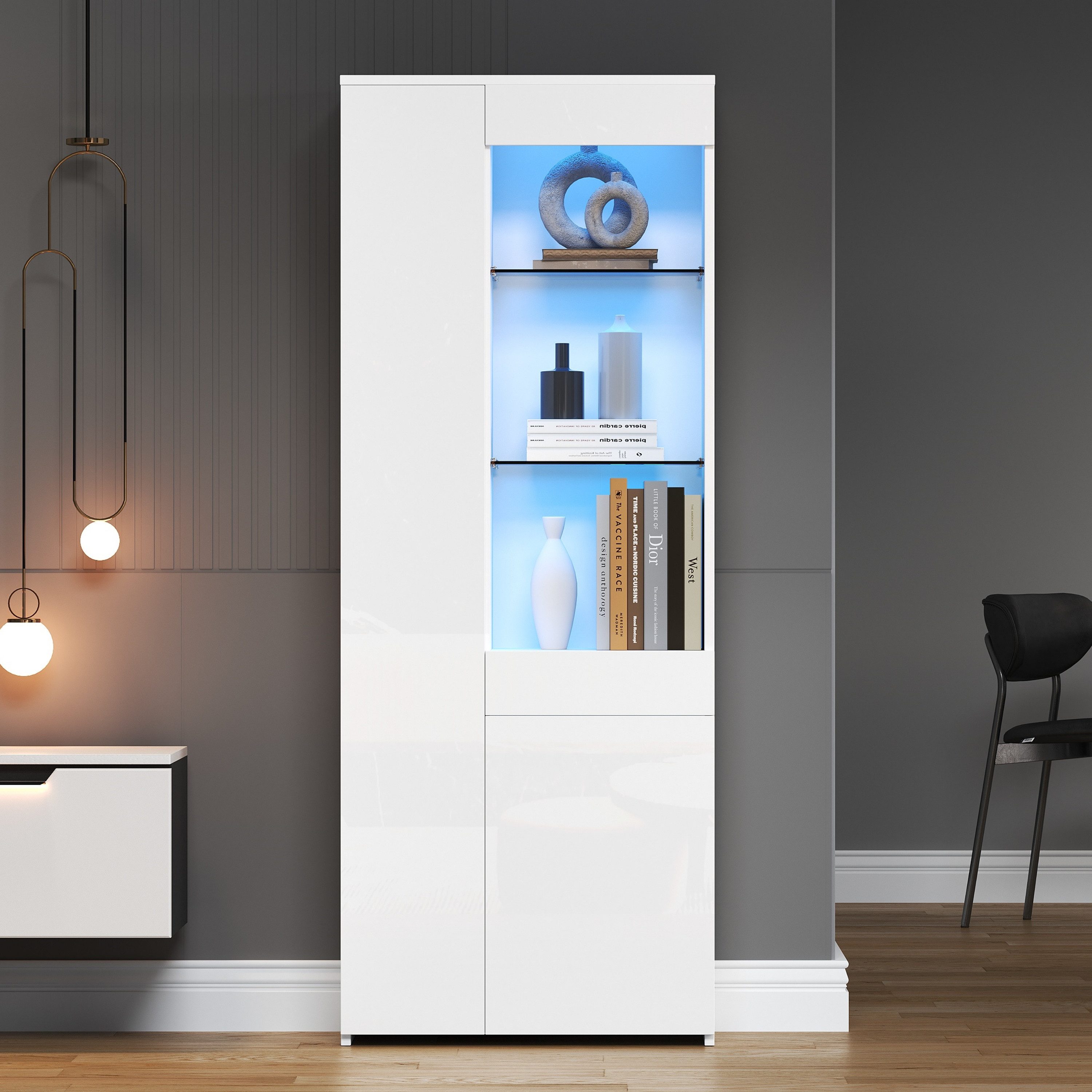 Merax Glasvitrine hochglanz Vitrine mit LED (70*35*180cm, 1-St., Hochschrank Standregal Schrank) Standvitrine Highboard mit Glasfächern, Schublade & Push-to-Ope – Bild 4 von 5