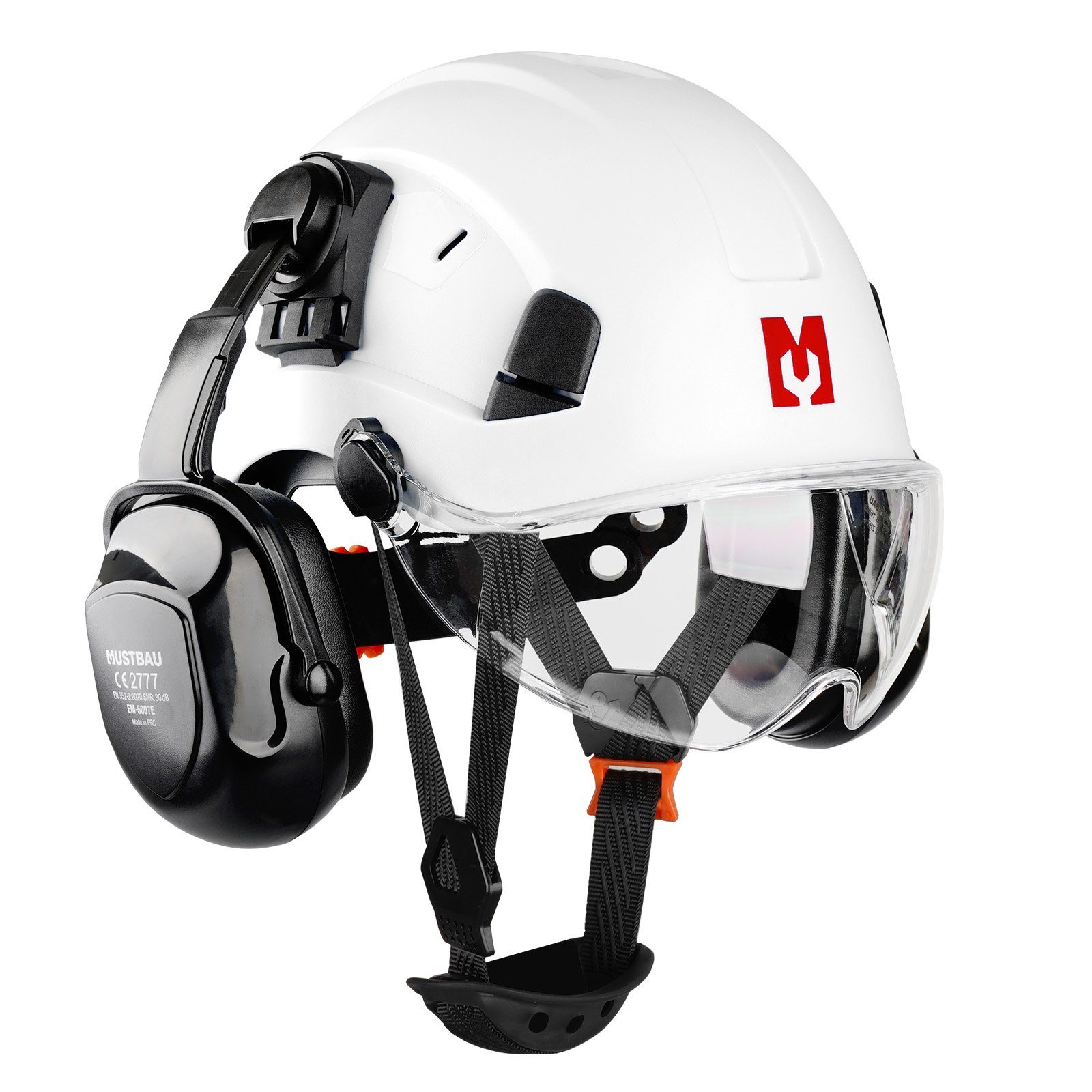 Mustbau Schutzhelm EN397, Arbeitshelm Mit Ohrschutz und Schutzbrille Set, ABS, 53- 63cm verstellbar