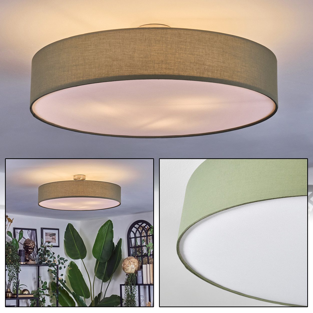 hofstein Deckenleuchte Deckenlampe aus Metall/Stoff/Kunststoff in Nickel-matt/Olivgrün/Weiß, ohne Leuchtmittel, runde Leuchte im modernen Design (60 cm), E27, Esszimmer, Wohnzimmer