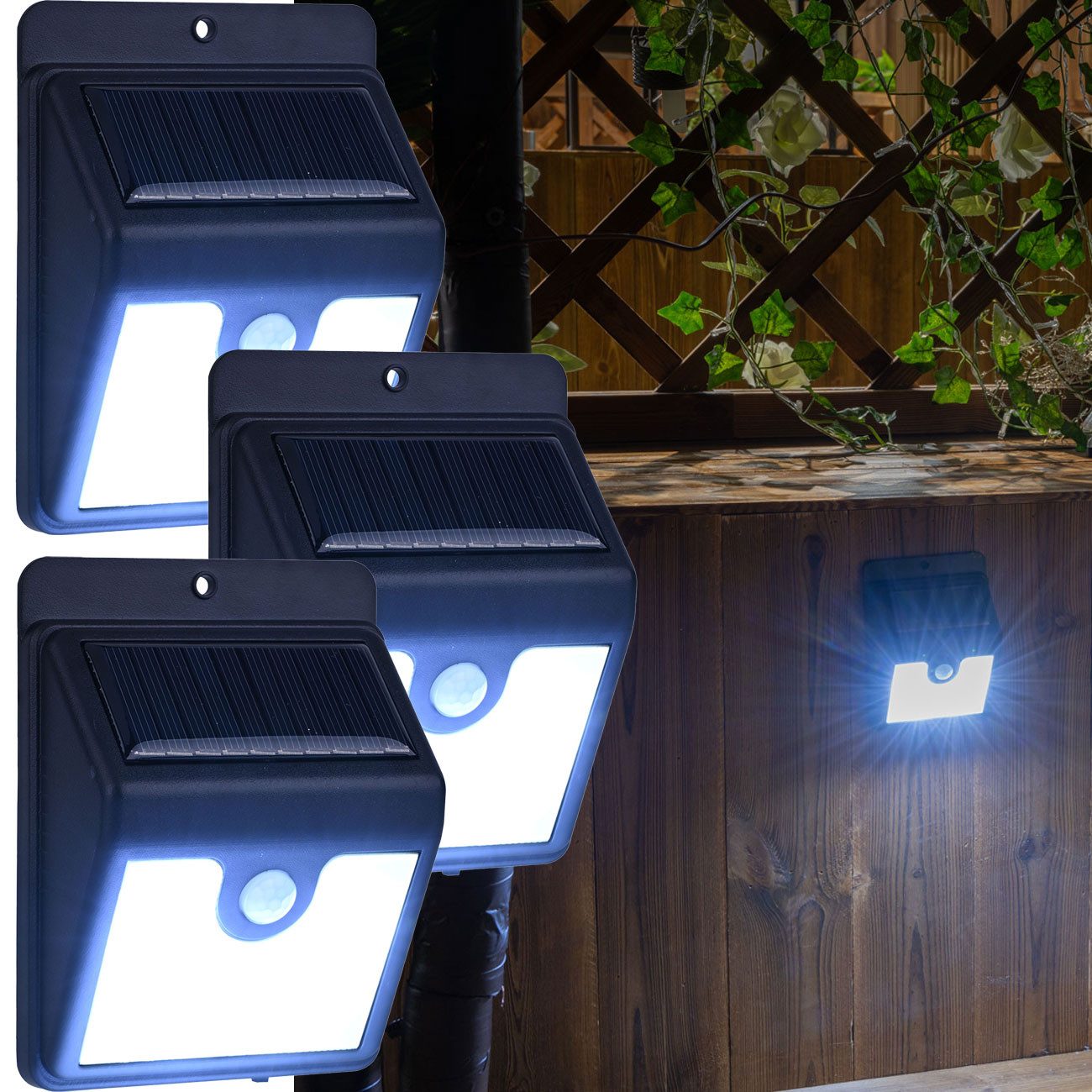 Casativo LED Solarleuchte LED-Solar-Wandstrahler mit Bewegungssensor, IP44 Aussenleuchte, 4 SMD-LEDs mit jeweils 0,2 W, insgesamt 50 Lumen
