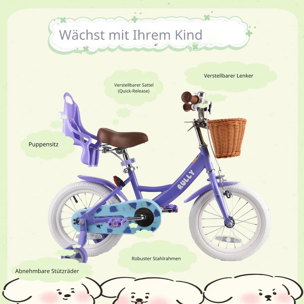 RULLY Kinderfahrrad Kinderfahrrad für Mädchen 12/14/16 Zoll, 2–7 Jahre, 1 Gang, Mit Lenkerkorb, Puppensitz und abnehmbaren Stützrädern