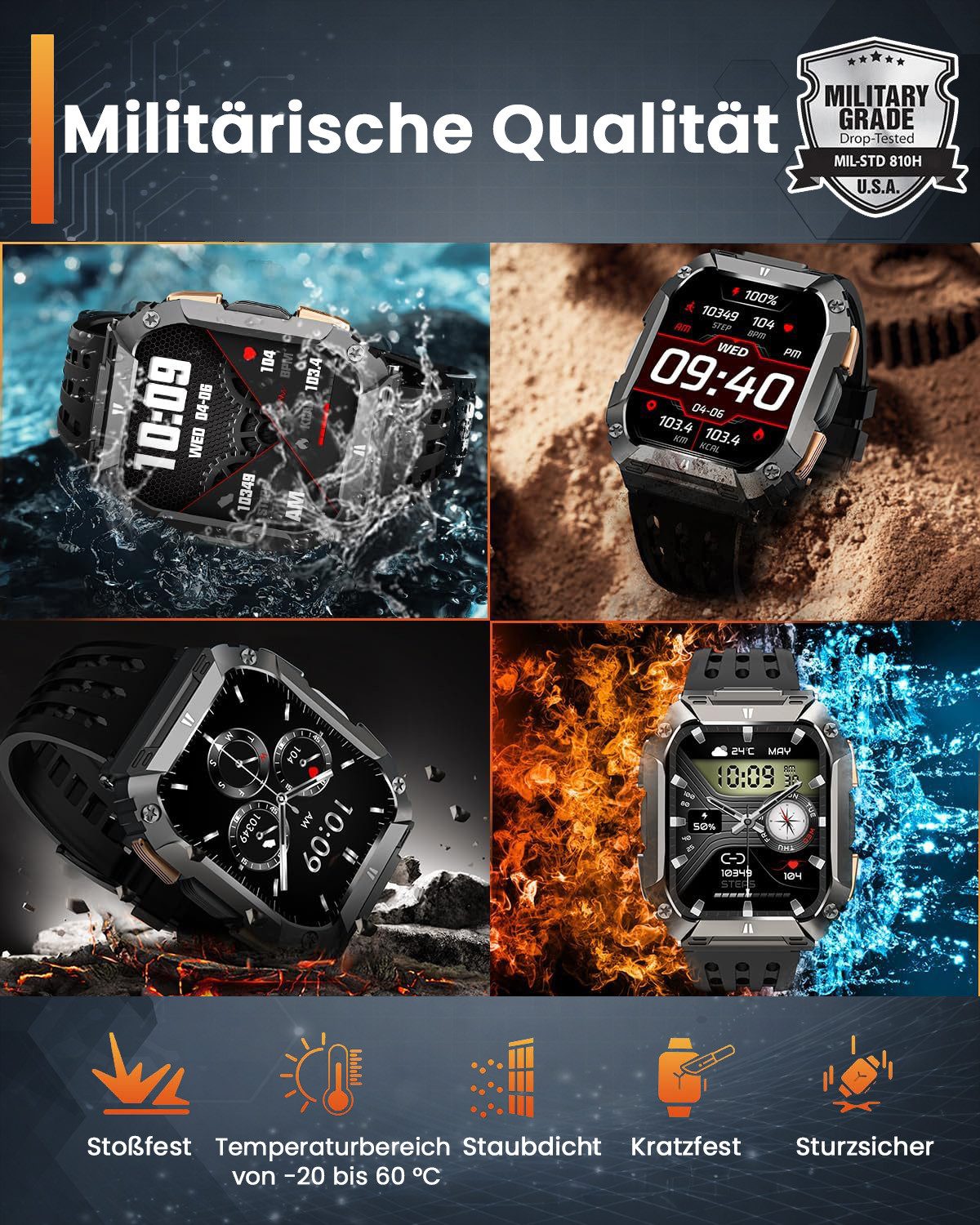 SWGOTA 2026 NEW Smartwatch Herren Militär mit 1000 mAh, 2,01'' AMOLED-Display Smartwatch, Smartwatch Outdoor mit Herzfrequenz/SpO2/Blutdruck/Schlafmonitor