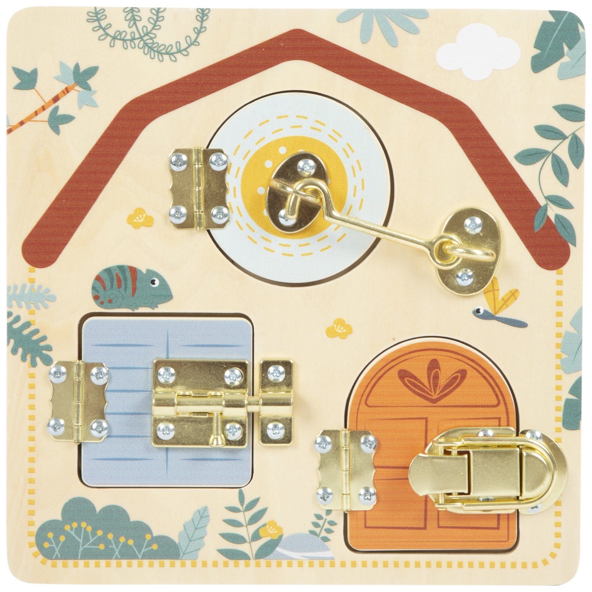 Small Foot Motorikbrett small foot Motorikbrett Schloss und Riegel „Safari“, Exotischer „Safari“-Look mit niedlichen Tieren