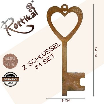 Rostikal Hängedekoration Garten Deko Schlüssel mit Herz 15 x 6 cm (Set, 2 St), Echter Rost