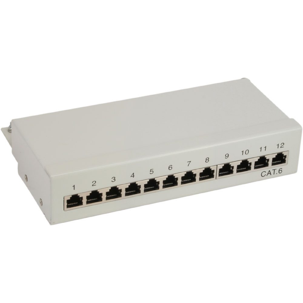 Patchfeld Cat.6, 12-fach, Tisch-/Wandmontage, lichtgrau, RAL7035 Netzwerk-Patch-Panel