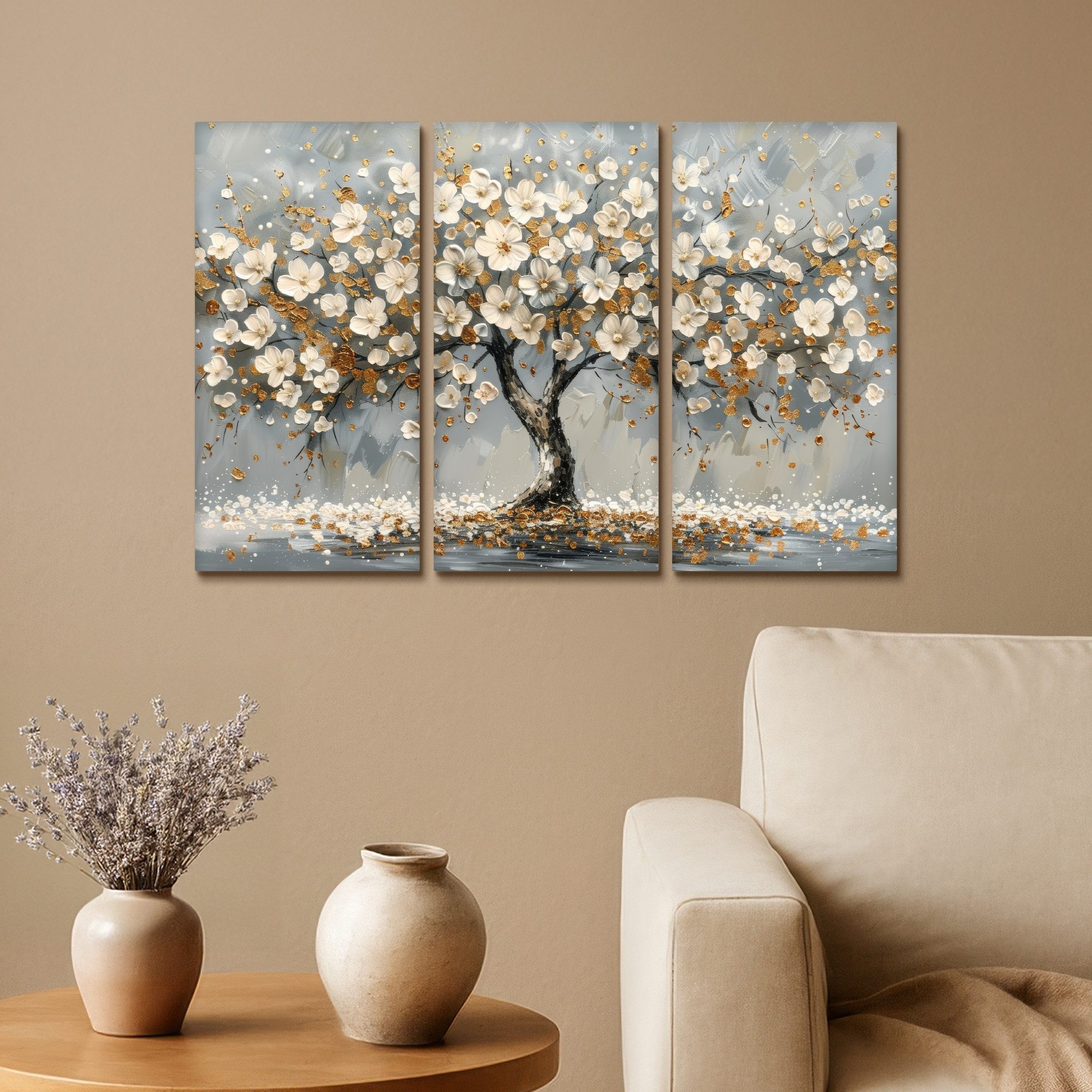 MuchoWow Leinwandbild Baum - Abstrakt - Weiß - Blüte, Fotodruck (3 St), Wand Bilder 3 Set, Deko Schlafzimmer Wohnzimmer Flur 60x40 cm – Bild 2 von 5