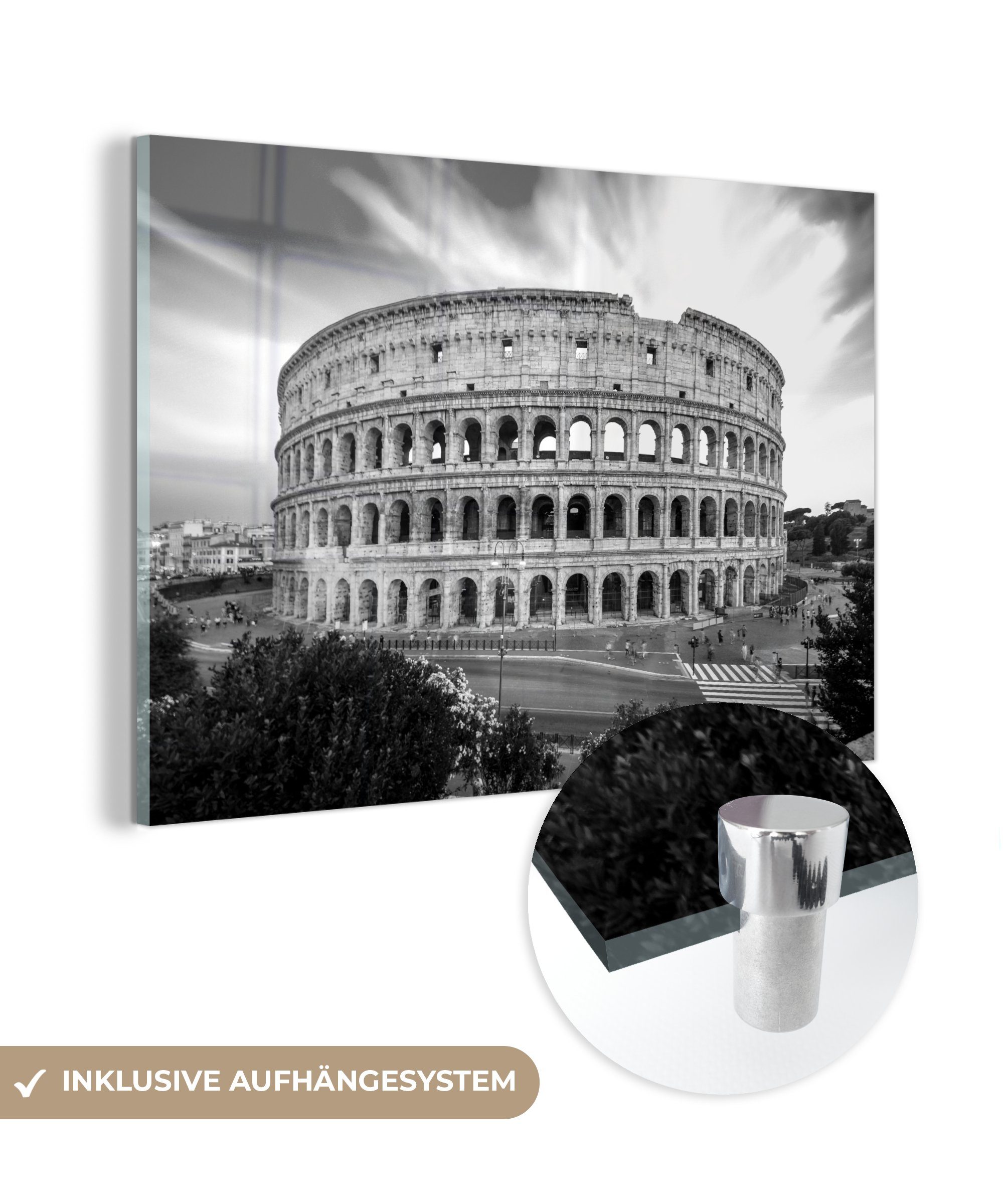 MuchoWow Acrylglasbild Kolosseum Rom bei Sonnenuntergang - schwarz und weiß, (1 St), Acrylglasbilder Wohnzimmer & Schlafzimmer