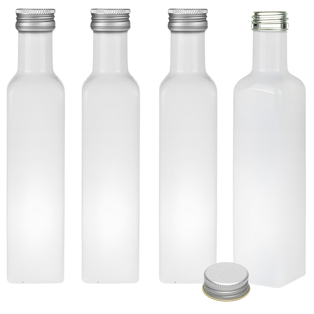 Ölspender 4 Ölflaschen 250 ml weiße Glasflasche mit Deckel & Etiketten