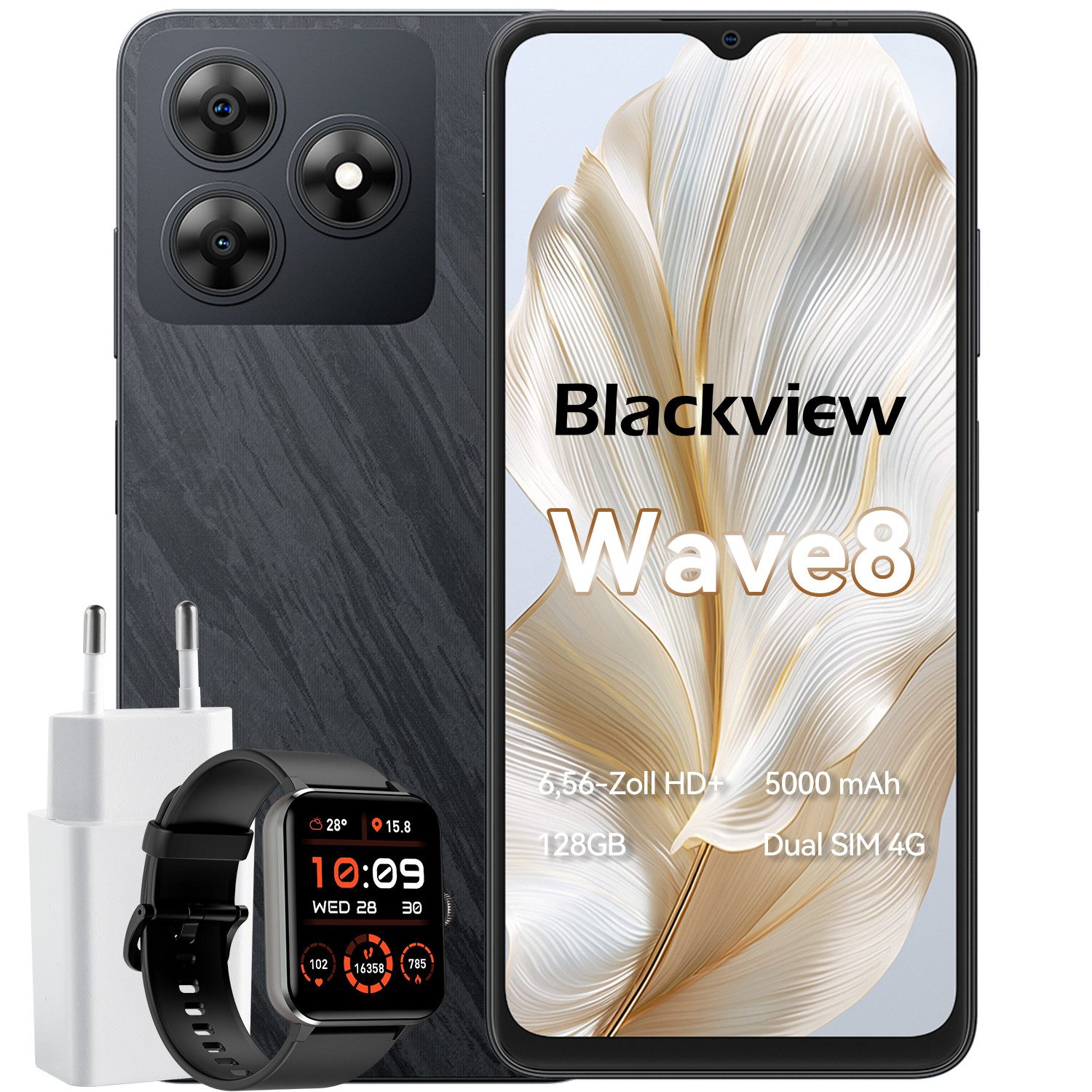 blackview Wave8 incl. 10W USB-Ladegerät und R50 Smartphone (128 GB Speicherplatz, 13 MP Kamera, Dual SIM 4G, Android 14, AI-Dialog)