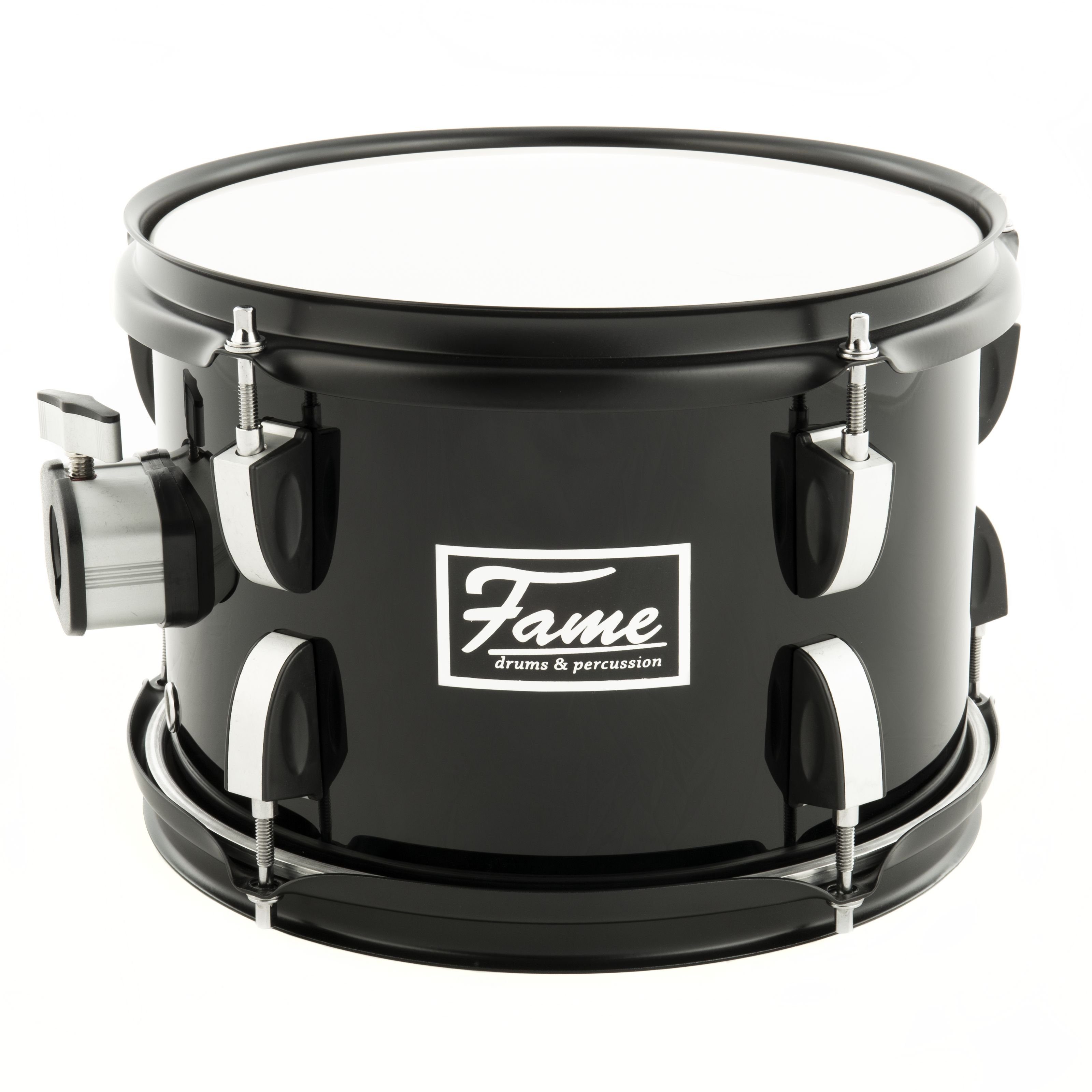 FAME TomTom,First Step Tom 10"x7" Mischholz Piano Black Aluminium Hardware Stahlspannreifen inklusive Tom-Mount Pearl-Style Tomhalter glattes Fell, Schlagzeuge, Tom Toms, First Step Tom, 10"x7", Mischholz, Piano Black, Aluminium Hardware