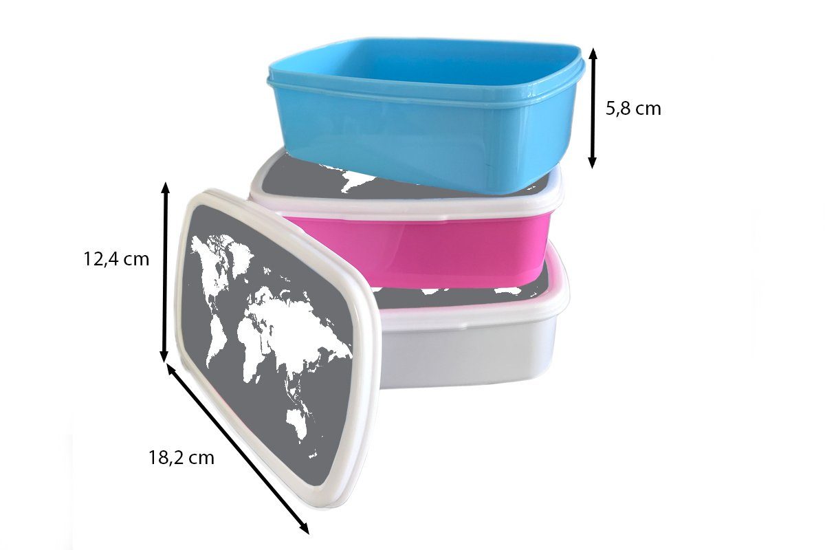 Erwachsene, - Brotdose Weiß rosa Brotbox Lunchbox Grau, Mädchen, Kinder, Kunststoff Weltkarte Snackbox, Kunststoff, (2-tlg), MuchoWow - für