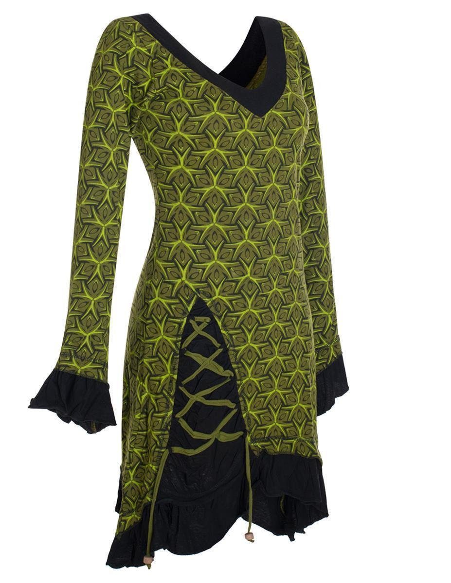 Bedruckt Asymmetrisch Langarm olive Elfen, Vishes Rüschen Zipfelkleid Volant Hippie, Festkleid Kleid